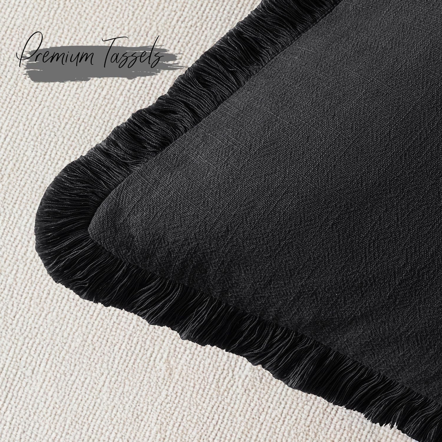 Decorative Linen Fringe Throw Pillow Covers Boho Farmhouse Soft Cushion / 20 x 20 / Black / Set of 2