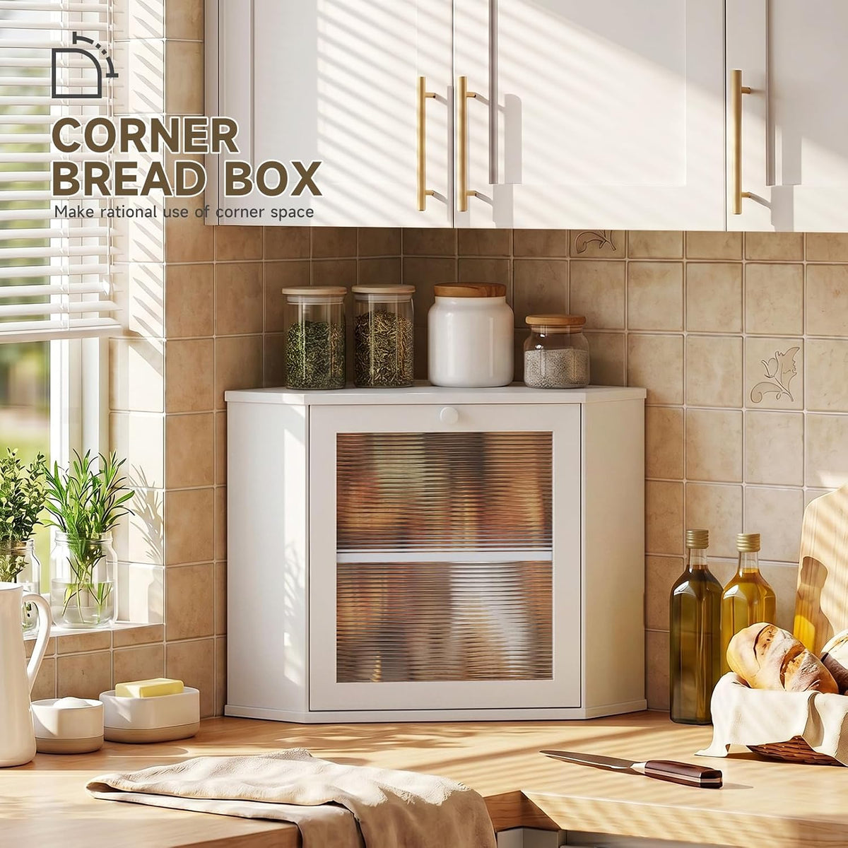 Bread Box for Kitchen Corner Countertop,Large Bread Basket (White, Large) | Double Layer Bamboo Bread Storage Container
