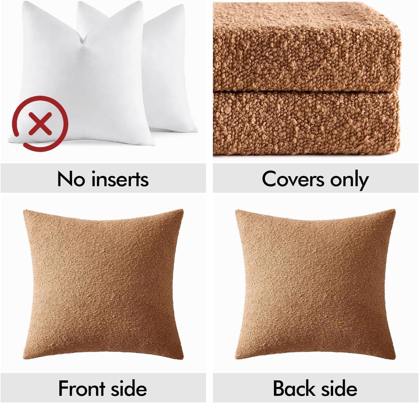 Textured Boucle Throw Pillow Covers Soft Accent Solid Cushion Cases / Brown / 20 x 20 / Set of 2