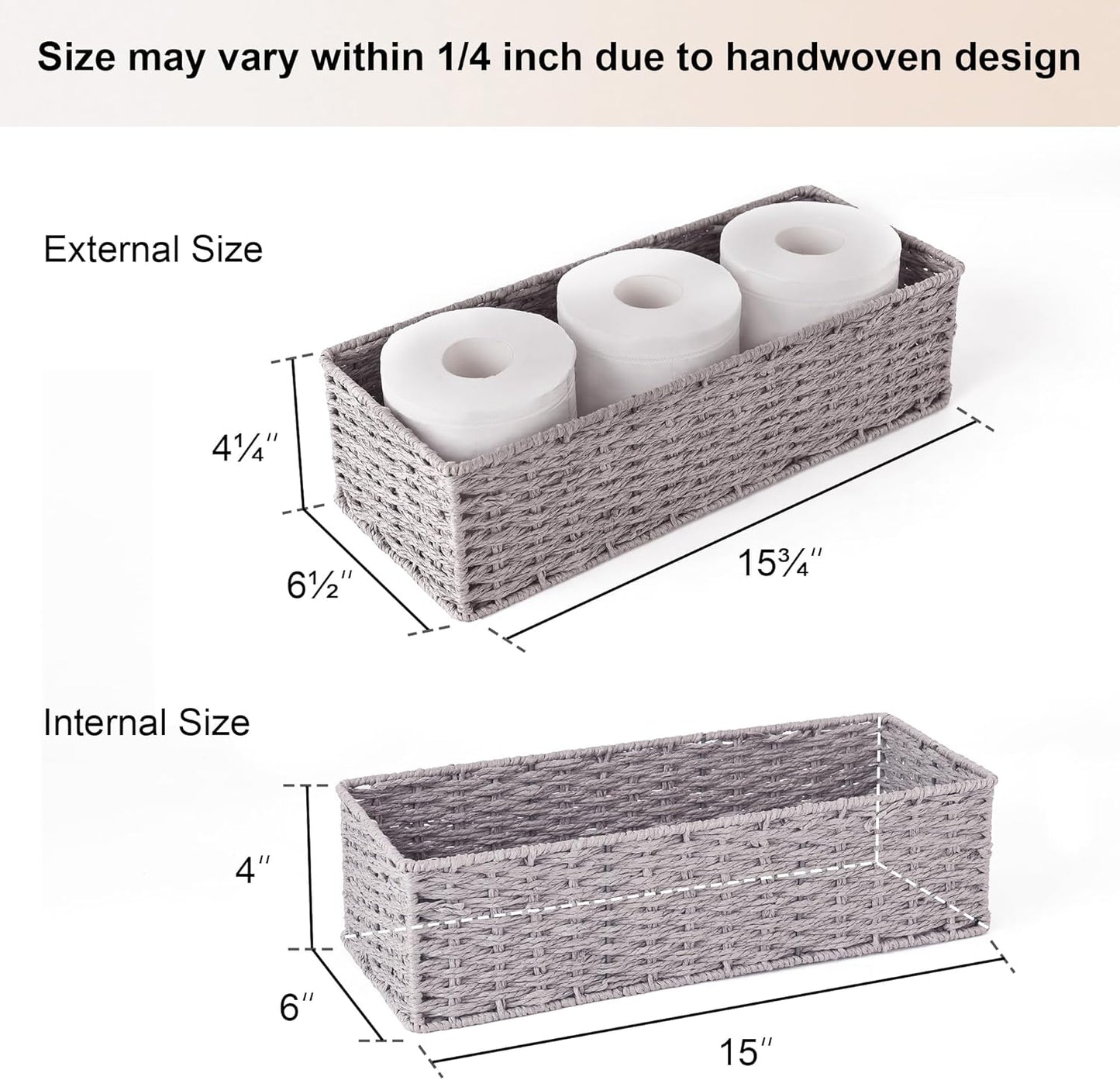Wicker Basket / Round Paper Rope Toilet Tank Topper Basket / Gray / Set of 2