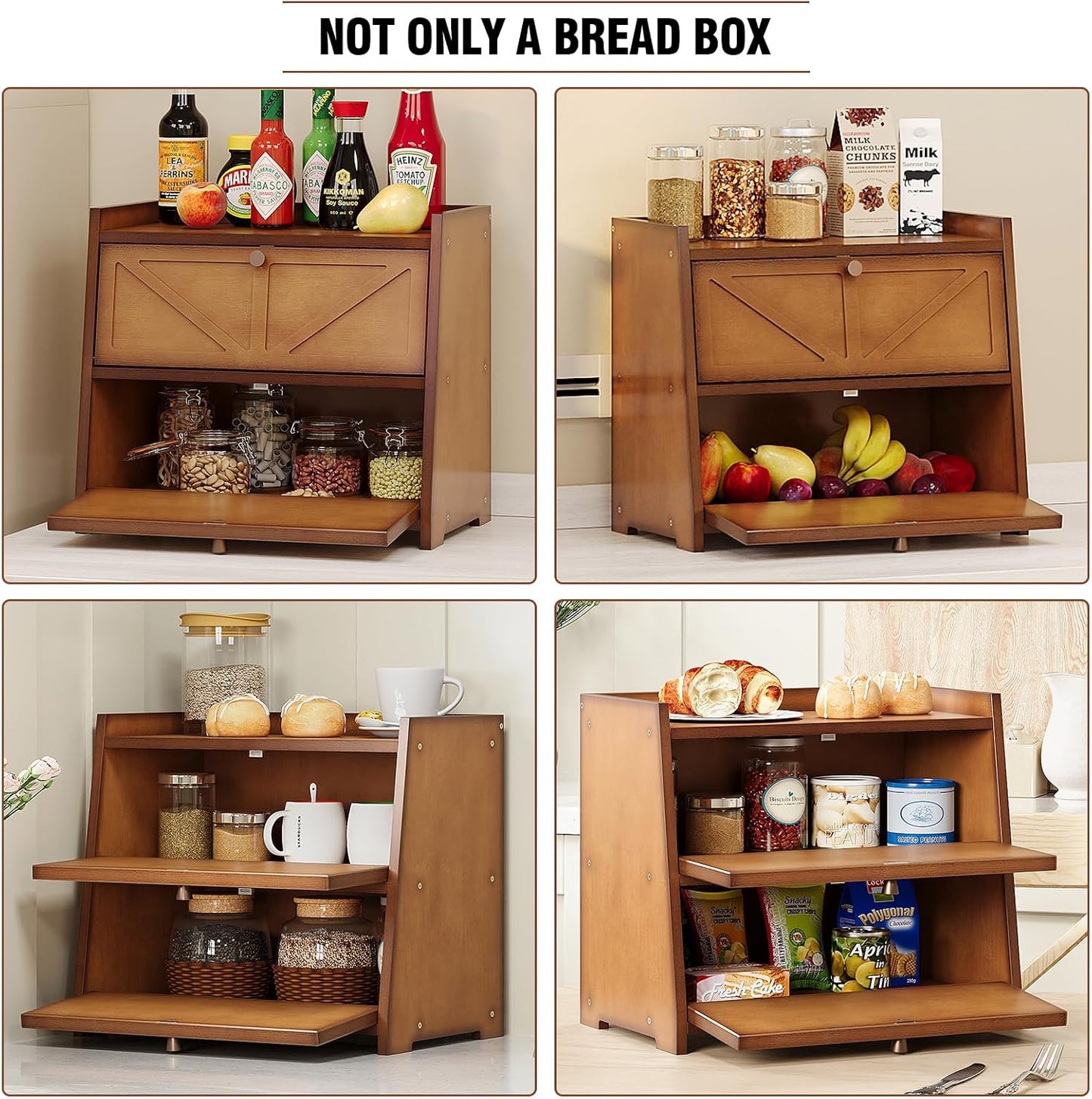 Trironsun Vintage Double Layer Bread Box for Kitchen Counter Bamboo Bread Storage Container Large Capacity Bread