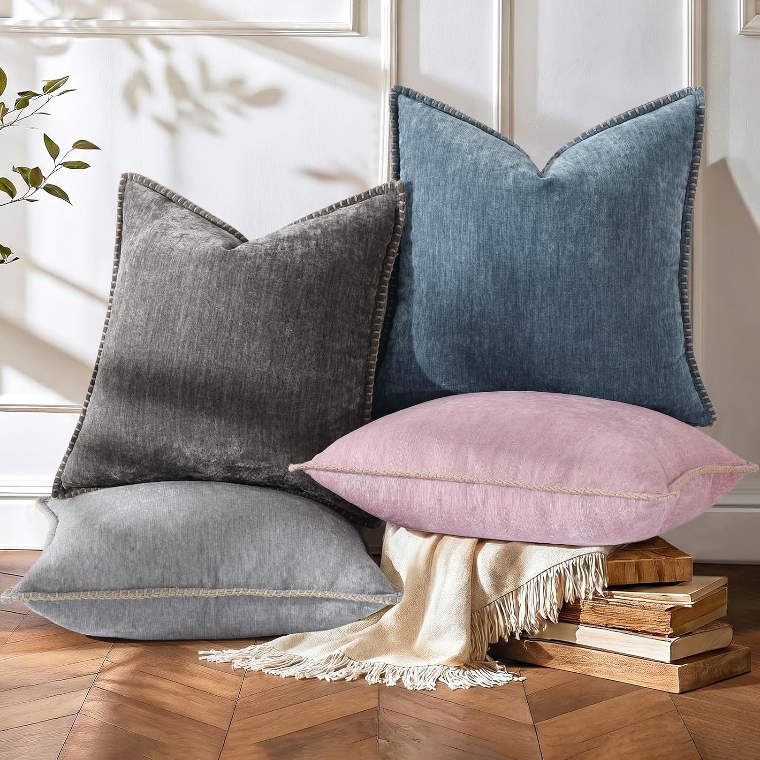 Fall Chenille Soft Throw Pillow Covers / Dark Grey / 18 x 18 / Set of 2