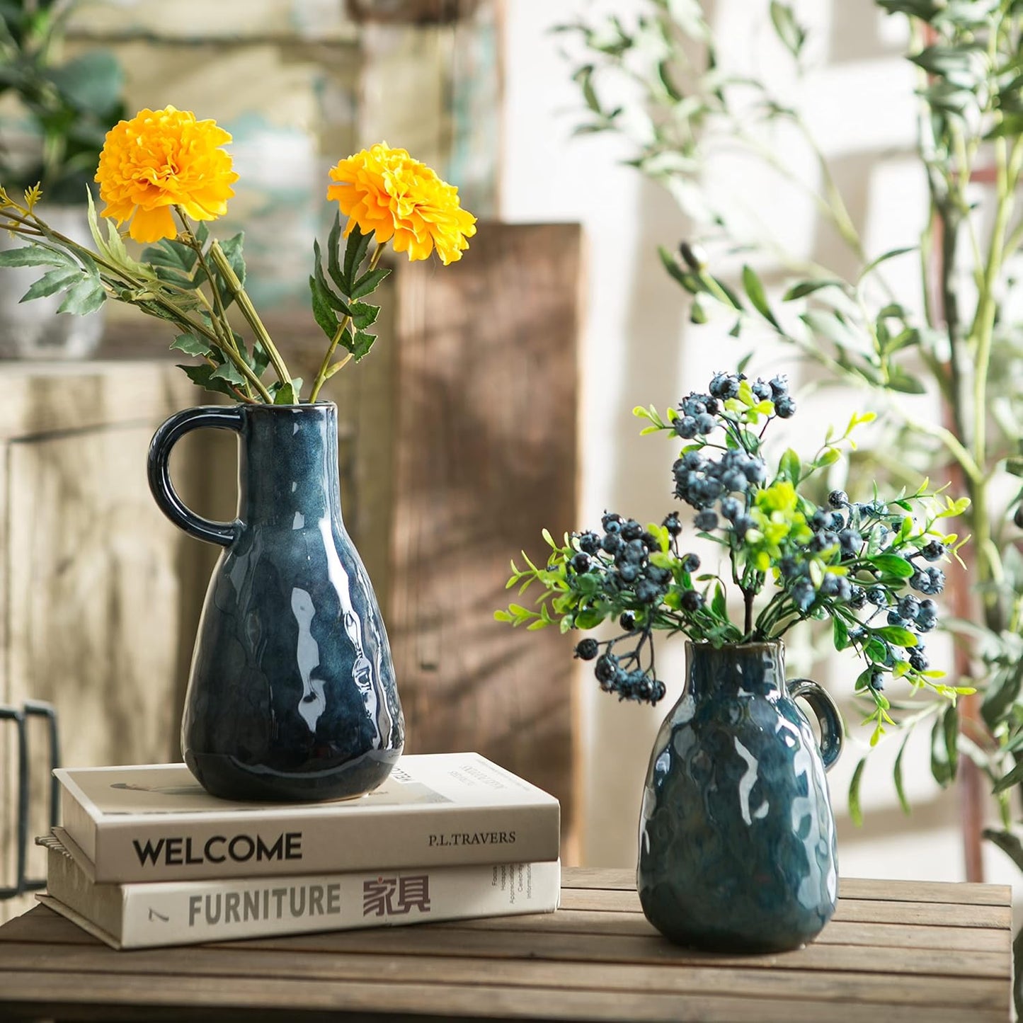 Ceramic Vase / Decorative Clay Vase Modern Farmhouse / Blue / Set of 2