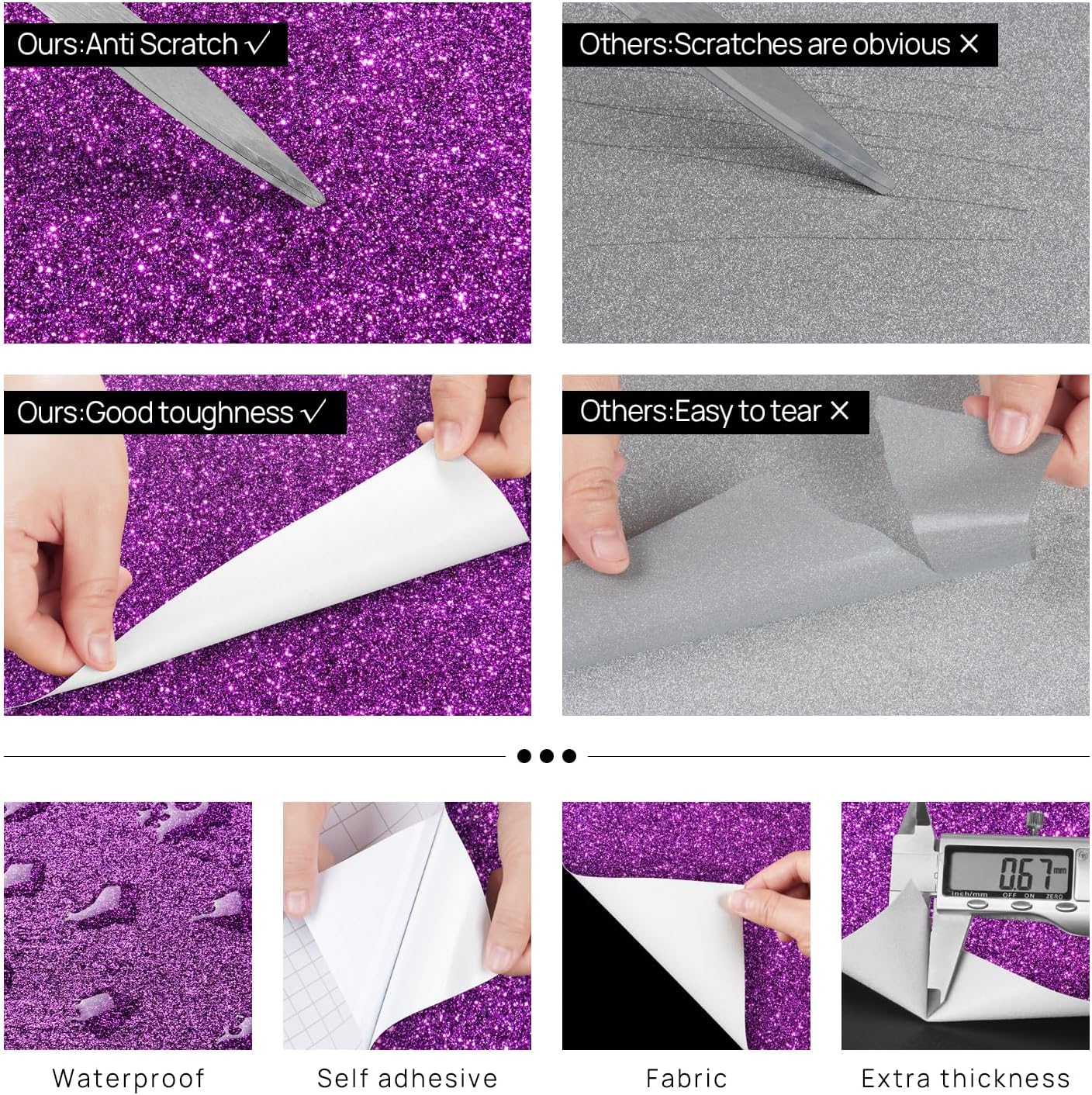 Violet Glitter Wallpaper Border Peel and Stick Wall Border Trim Removable Room / 3.9 x 200 / Purple