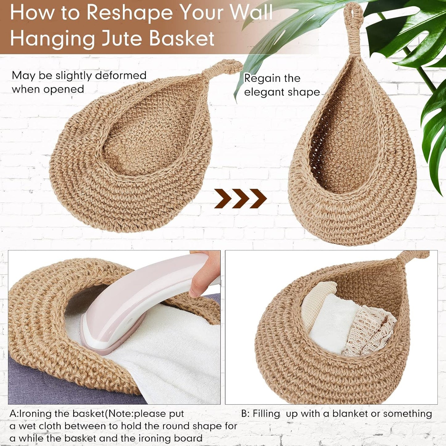 Boho Decor Hanging Wall Baskets / Light Linen / Cotton Rope / Teardrop / Set of 3