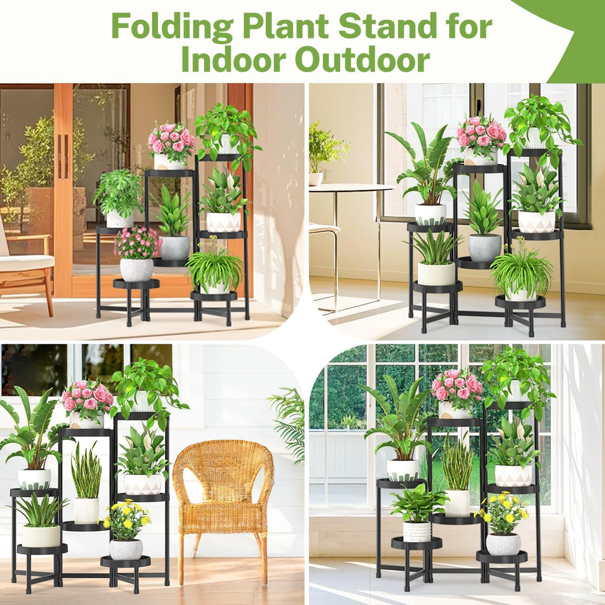 iDavosic.ly 7 Tier Folding Plant Stand Indoor Outdoor, Plastic Tray, Black | Space Saving Tiered Corner Storage Display