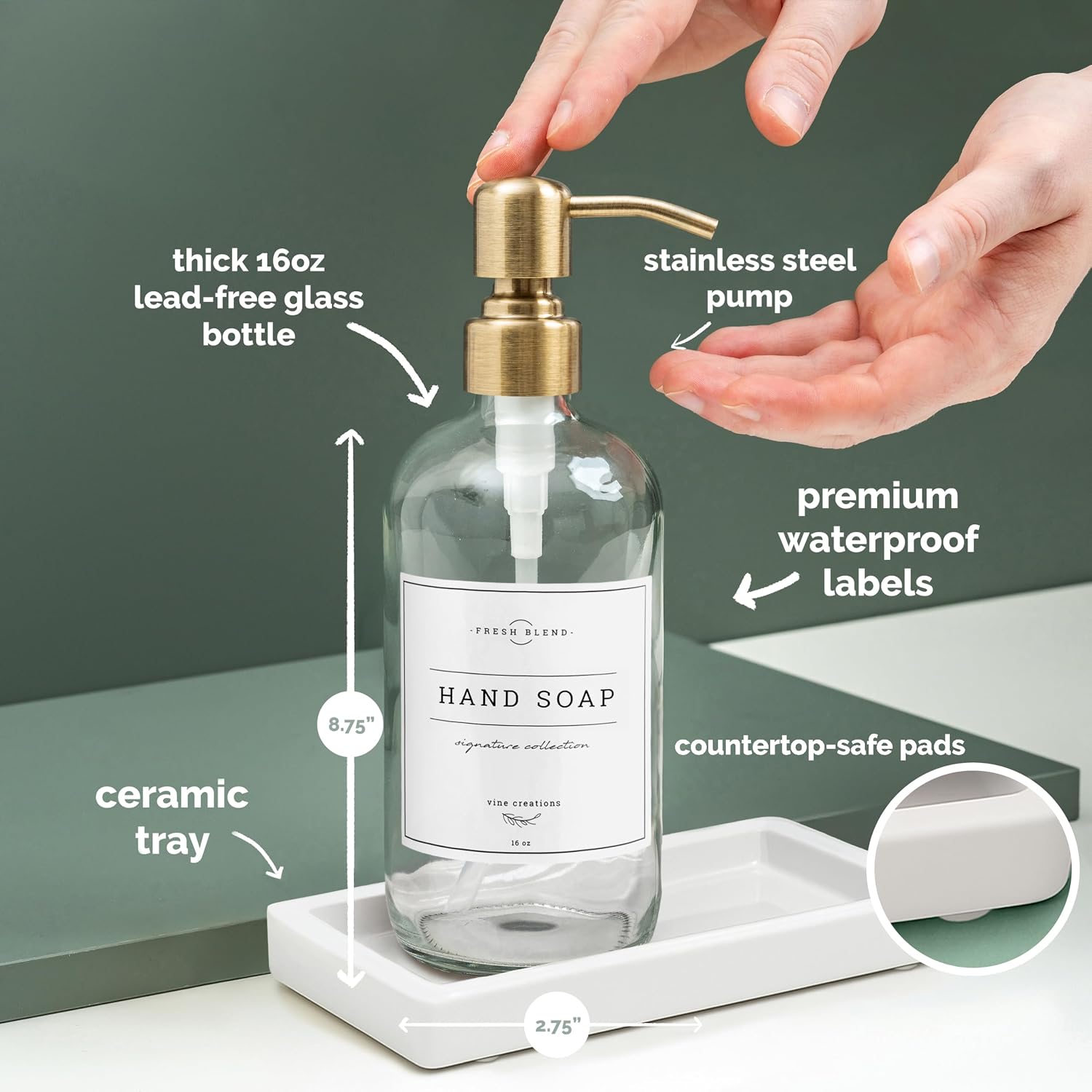 Vine Creations Glass Soap Dispenser, 2 Pack Kitchen Soap Dispenser Set with Ceramic Tray, Stainless Steel Pump, Dish