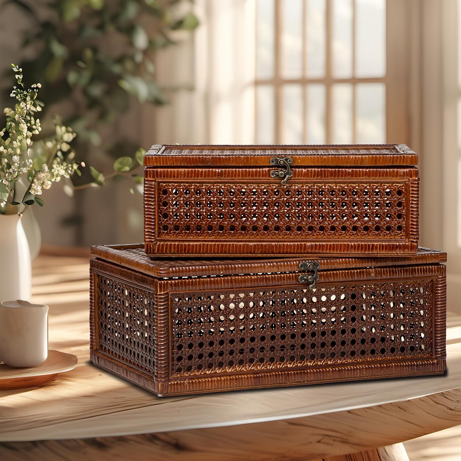 rattan boxes / handmade large rattan box / Natural / Set of 2