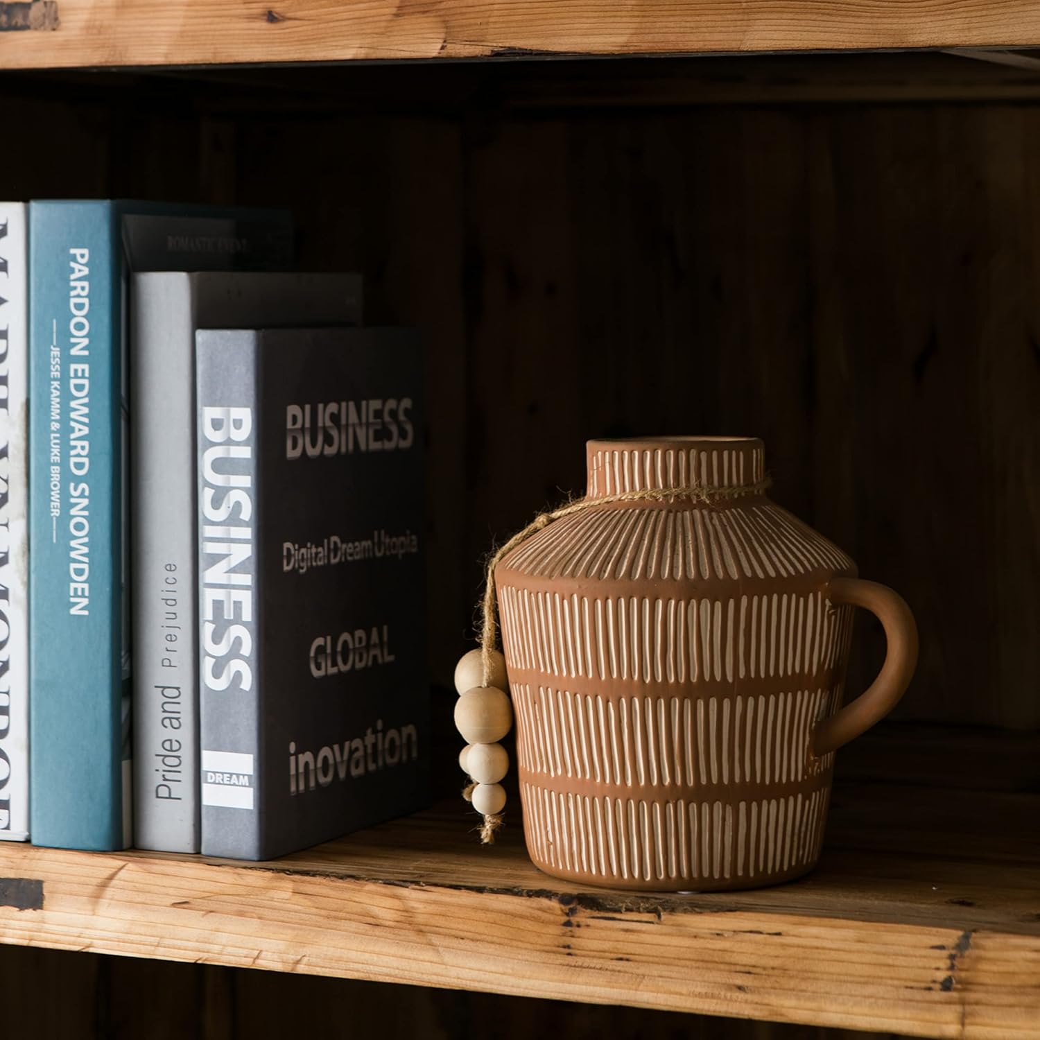 Rustic Farmhouse Vase / Yellow - Wooden Beads