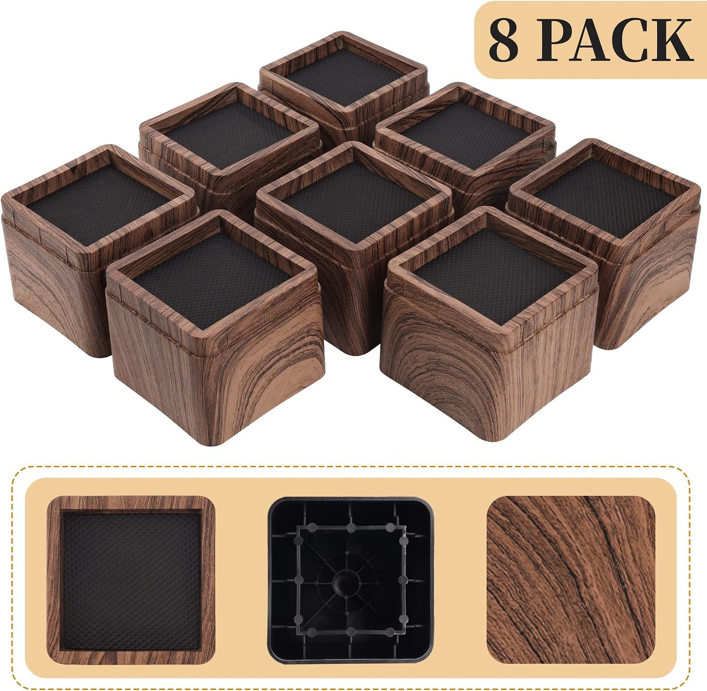 BTSD-home Wood Bed Risers 3 Inch, 8 Pack | Heavy Duty Square Furniture Risers, 2,200 lb, Anti-Slip Pads, Dorm Room