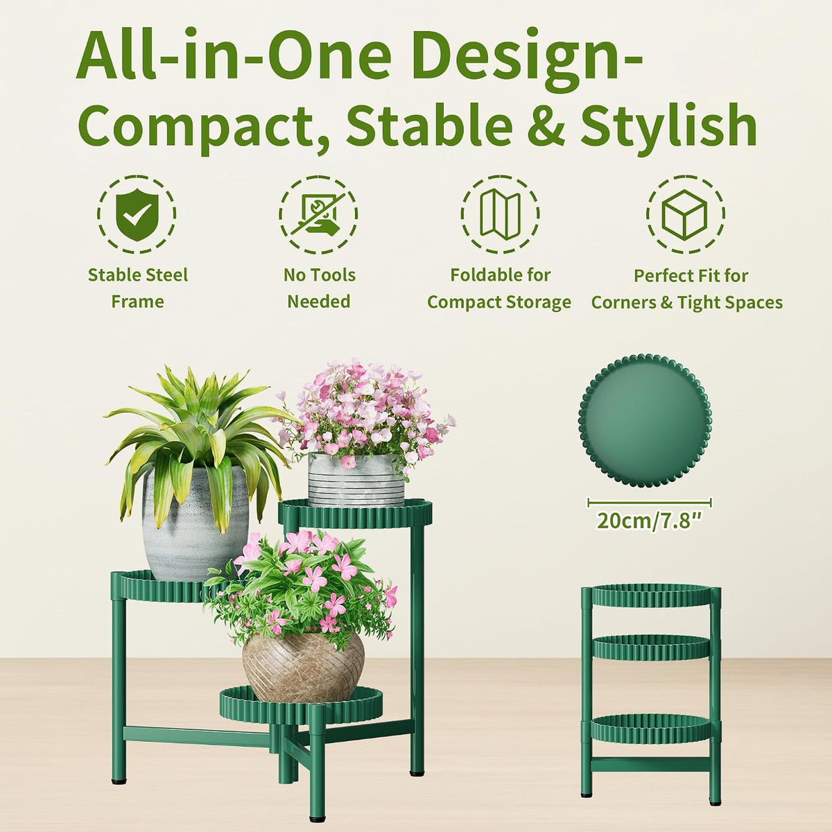 Plant Stand Indoor Outdoor, 3 Tier Corner Metal Flower Display Holder Shelf, Folding Tall Plant Rack for House Patio