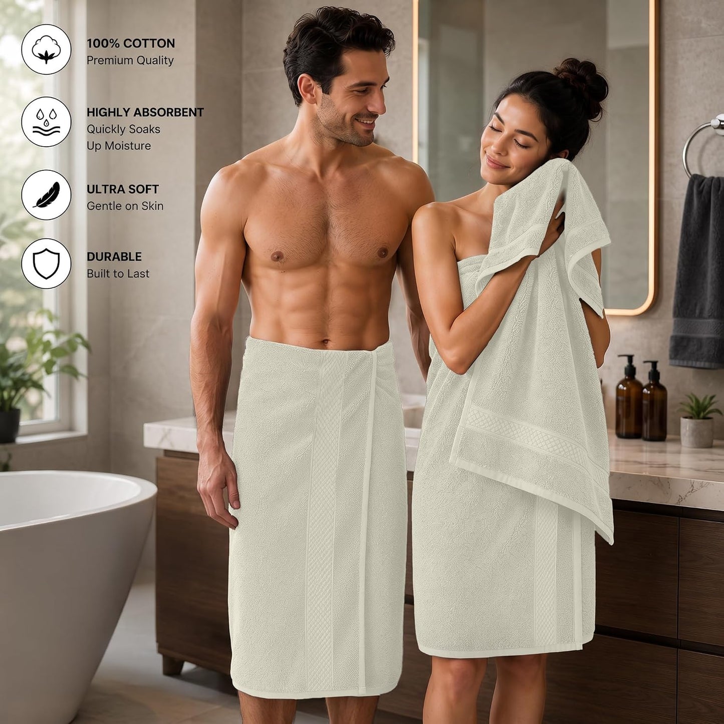 DAN RIVER 600 GSM Cotton Large Bath Towels Set of 4, 27 x 54 Inches, Ivory | Larger & Lighter Weight Towels for