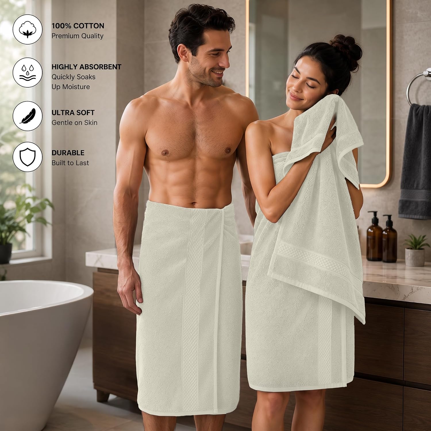 DAN RIVER 600 GSM Cotton Large Bath Towels Set of 4, 27 x 54 Inches, Ivory | Larger & Lighter Weight Towels for