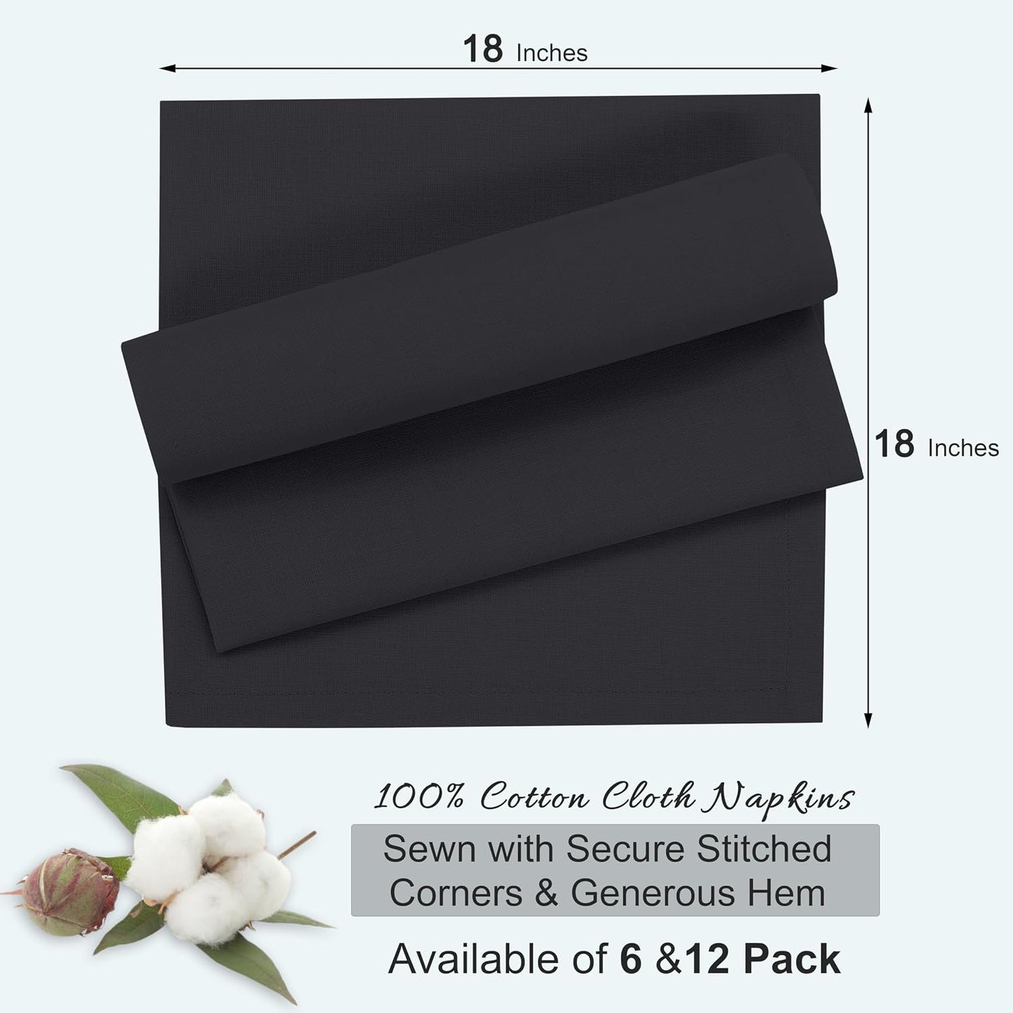 Ruvanti Cloth Napkins Set of 12, 100% Cotton 18”x18” - Black Beauty | Washable, Soft, Durable & Absorbent Everyday