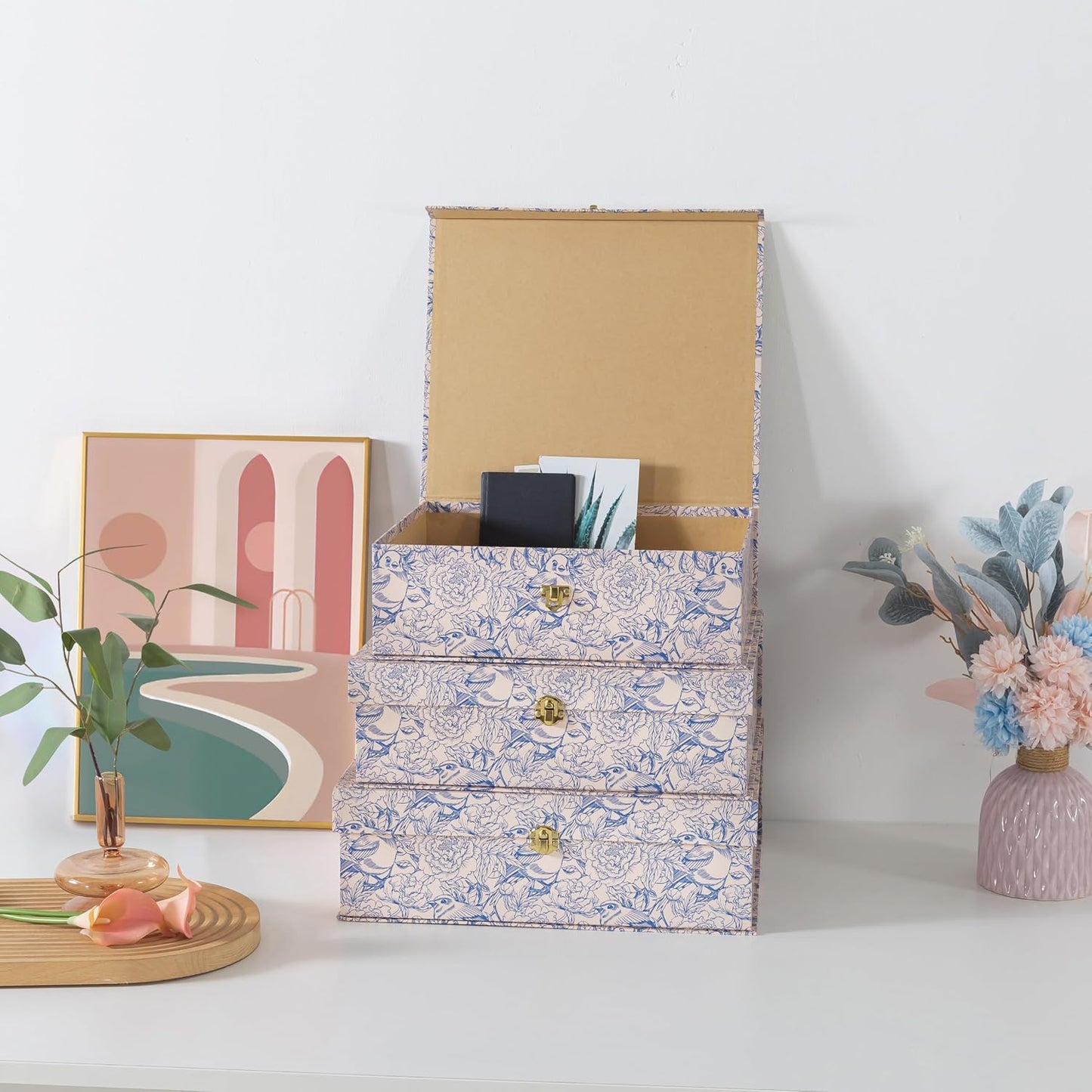 White Floral Cardboard Decorative Storage Boxes / Aviary Garden / Blue / Set of 3