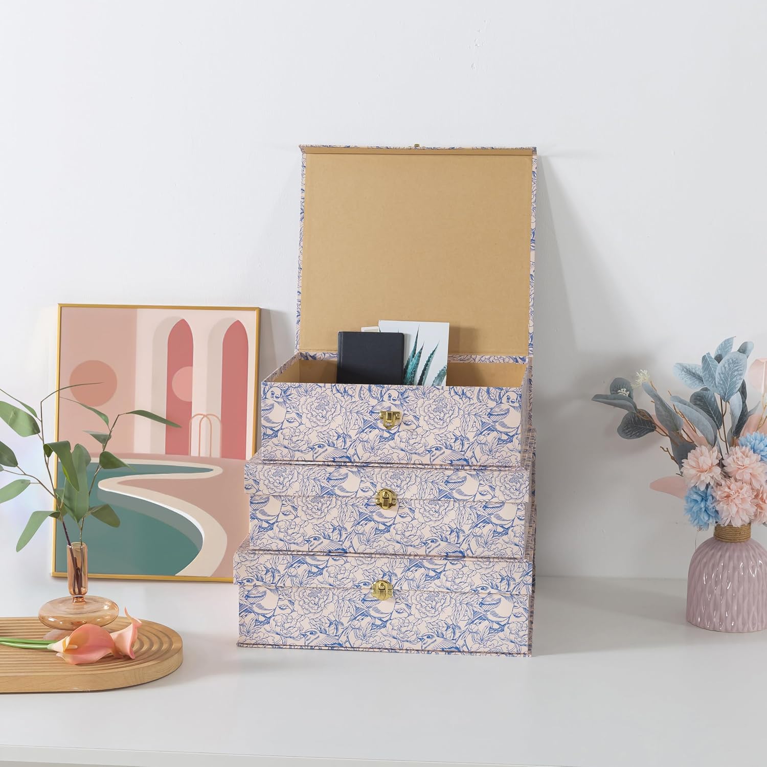 White Floral Cardboard Decorative Storage Boxes / Aviary Garden / Blue / Set of 3