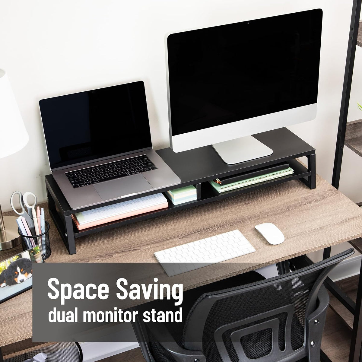 Mind Reader 2-Tier MDF Double Monitor Stand, Dual Screen Riser with Storage Shelf, 33.75 Inch Wide, 88 lb Capacity