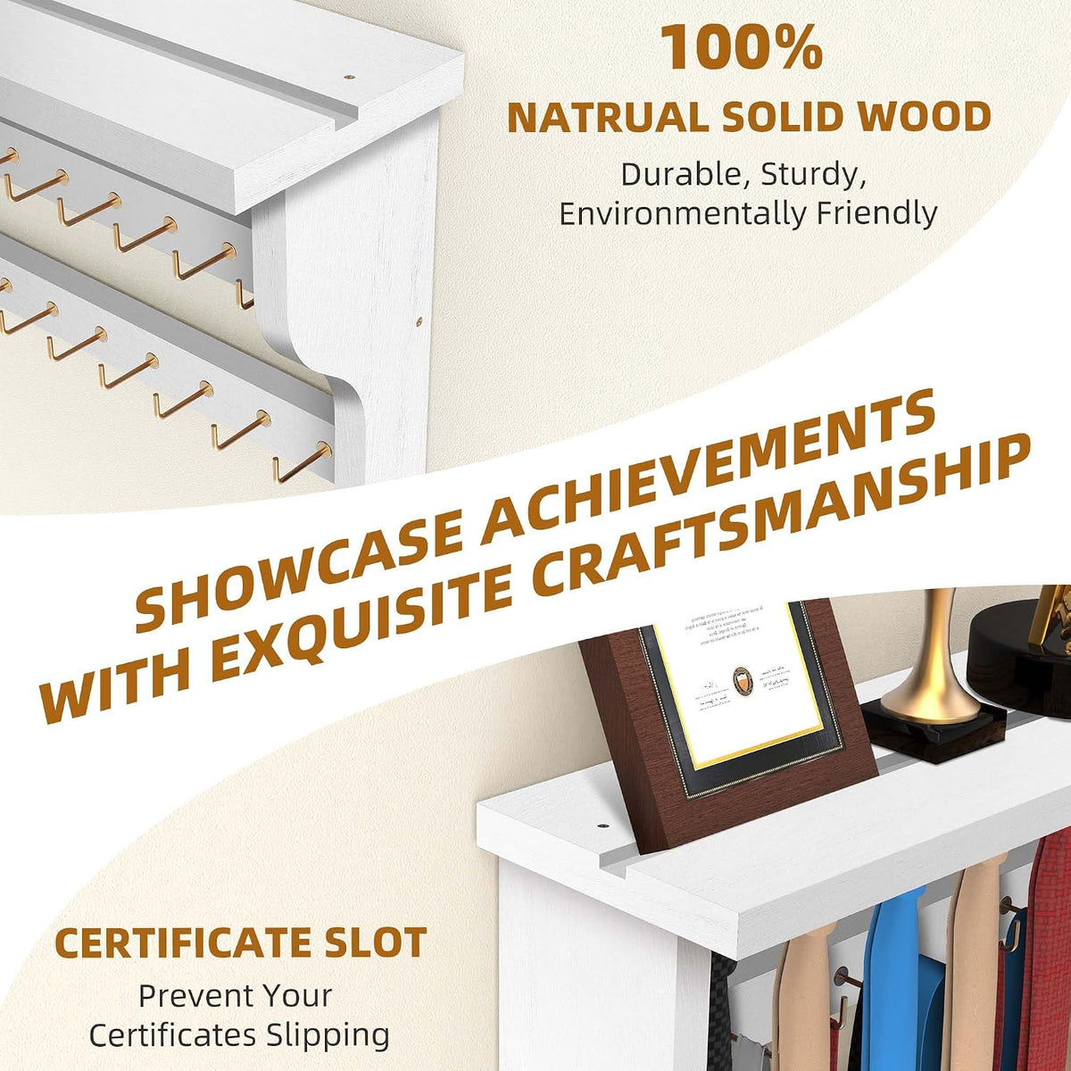Medal Hanger Display, Large Capacity Trophy and Medal Display Shelf | Natural Solid Wood, Anti-Slip Groove, Widening