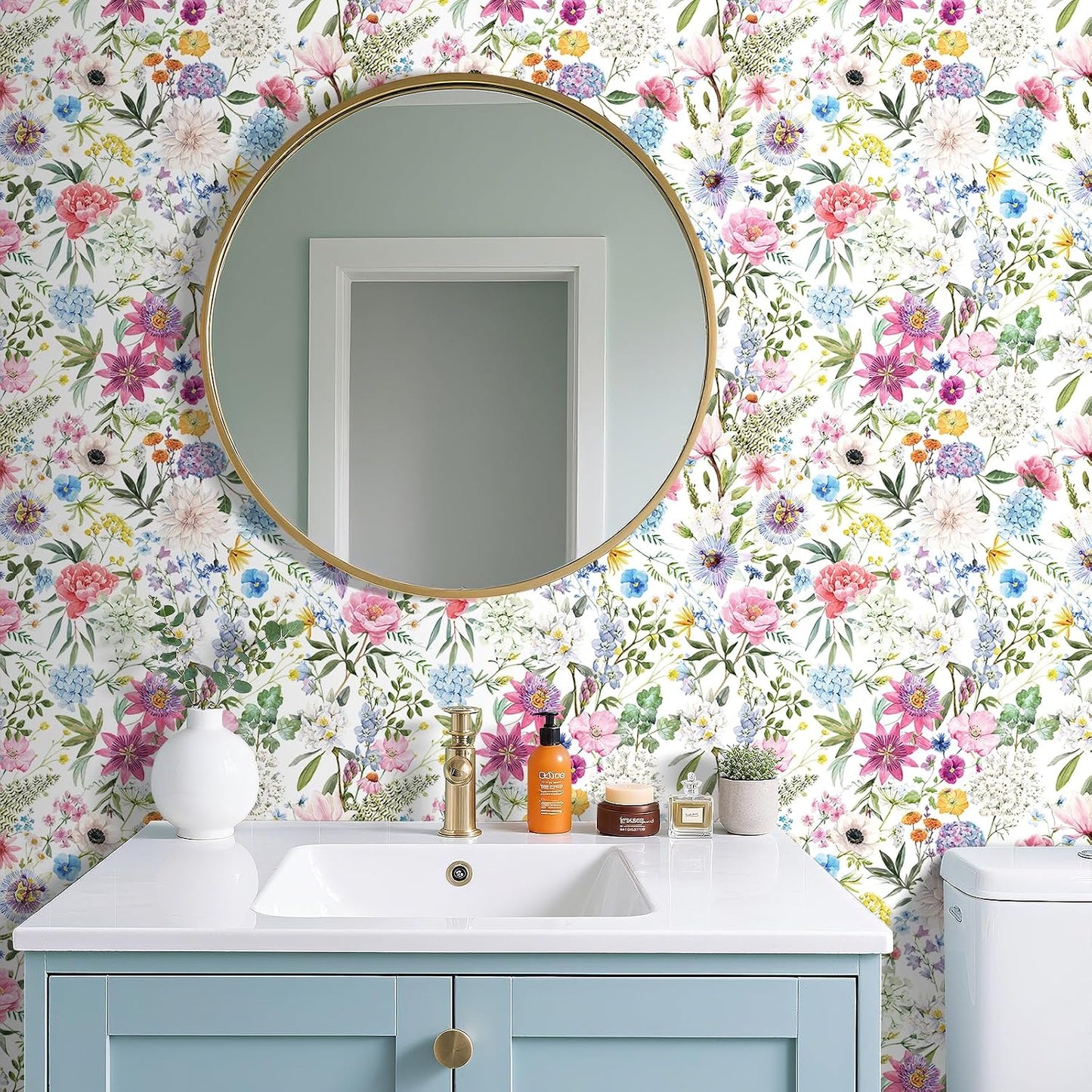 Wallpaper Watercolor Peony Hydrangea Daisy Poppy / 17.5 x 10 / Ft / Multicolor Floral / Pink