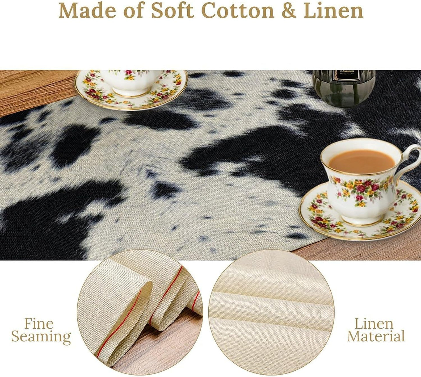 Cow Print Table Runner - Black White Cowhide Western Style Country Farmhouse Patterns Printed Linen for Home Kitchen