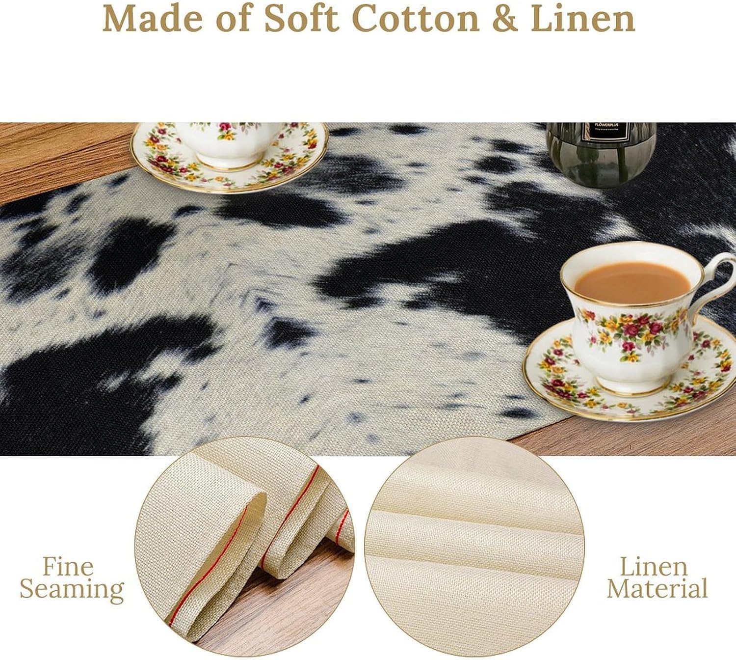 Cow Print Table Runner - Black White Cowhide Western Style Country Farmhouse Patterns Printed Linen for Home Kitchen
