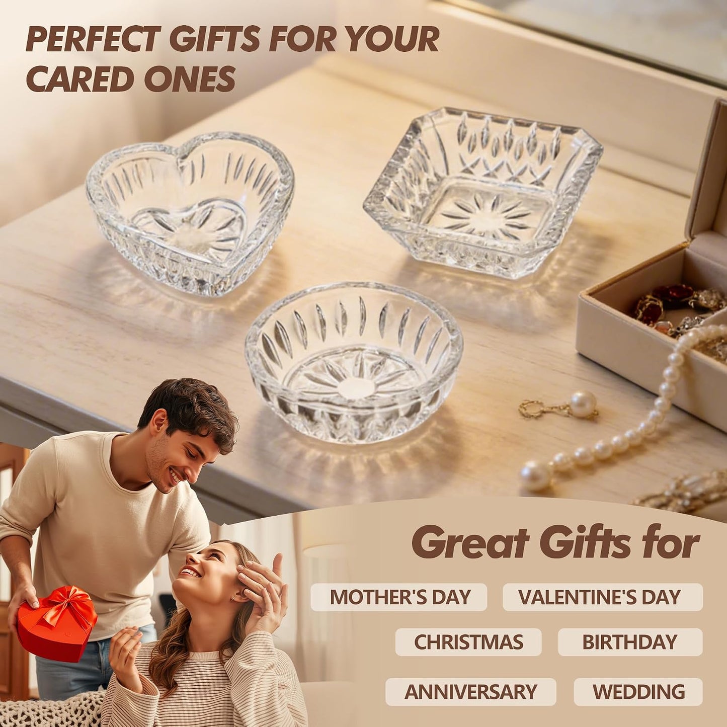 Jewelry Dish Tray for Women Crystal Ring Holder / Clear / Set of 3