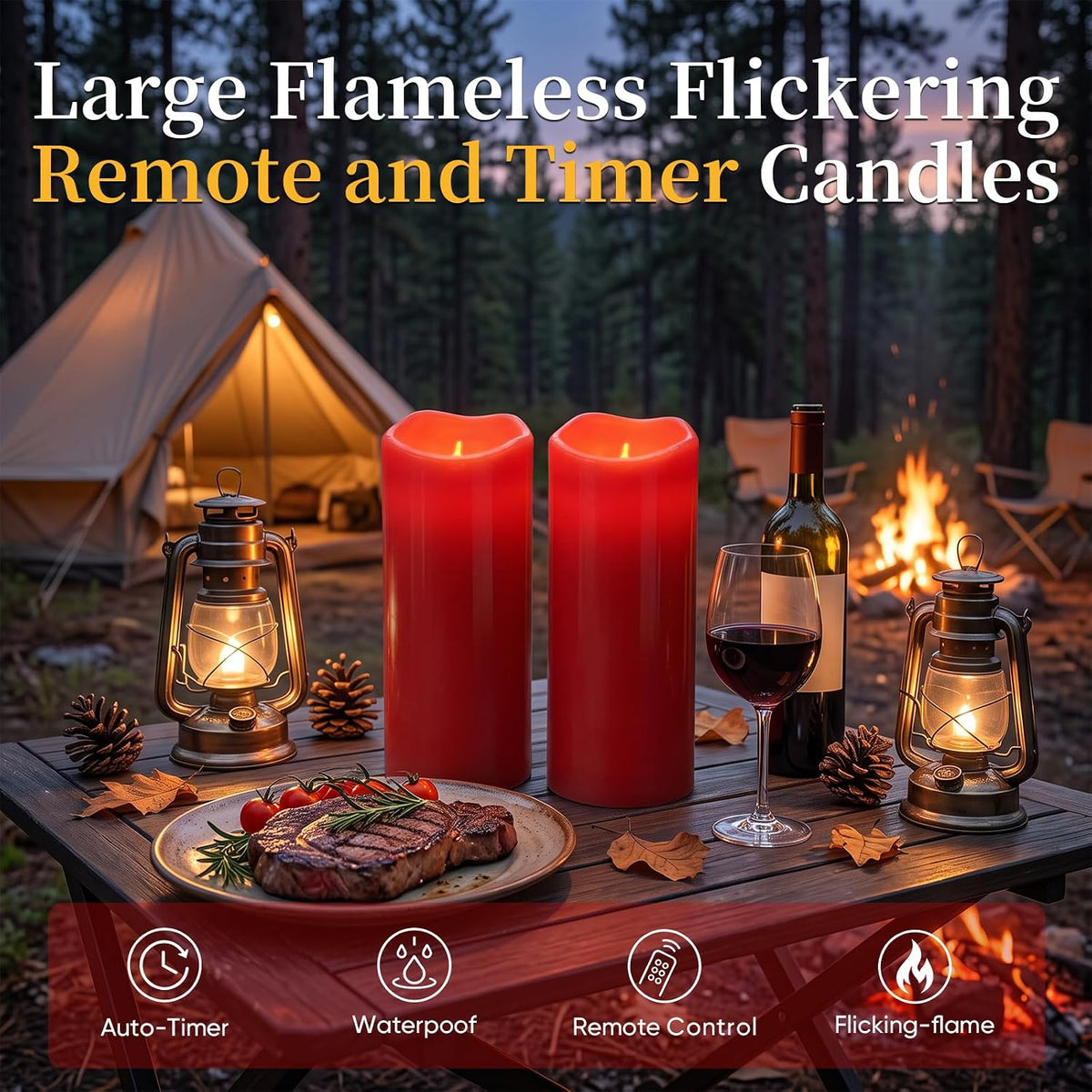 5plots 4"x10" Large Waterproof Flameless Candles Red LED Pillar Set of 2 | Battery operated LED candles with remote