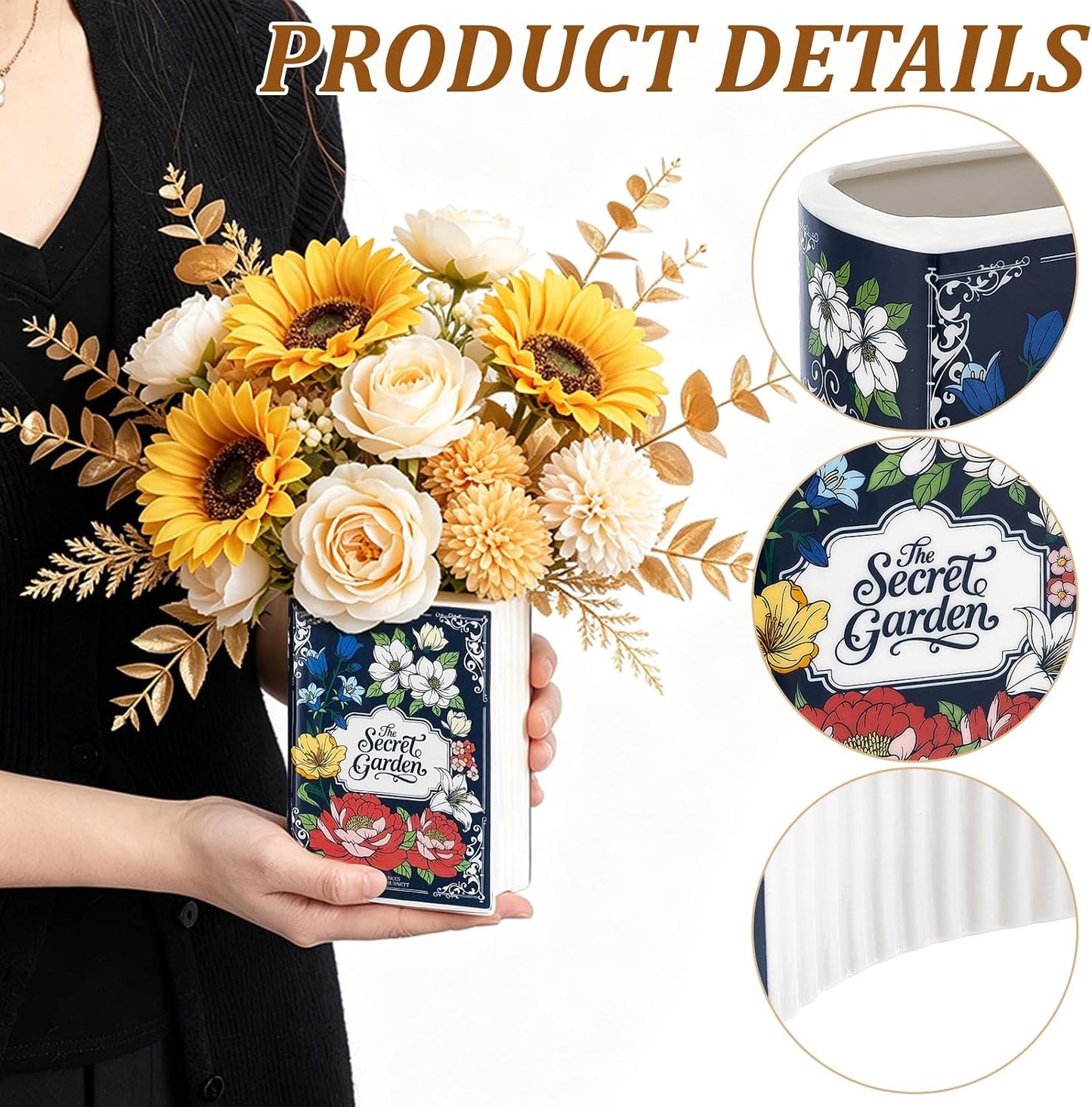 Ceramic Book Vase for Flowers Book-Shaped Decorative Vase / 5.5 x 2.5 x 4 / Inch Secret Garden