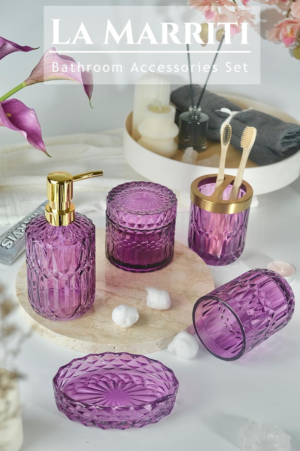LaMrriti Purple Bathroom Accessories Set 5 Pcs, Glass Bathroom Set | Soap Dispenser and Toothbrush Holder Set, Q-tip