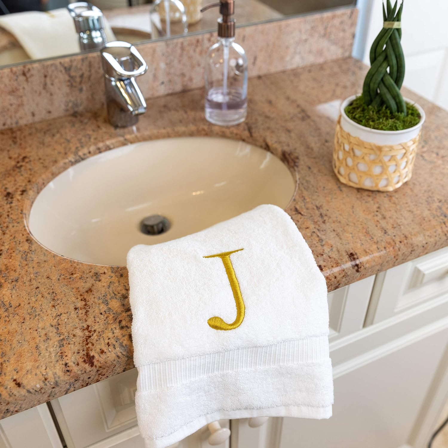 White with Gold Monogrammed Hand Towels for Bathroom - Set of 2 Letter J | Luxury Hotel Quality Initial Towels For