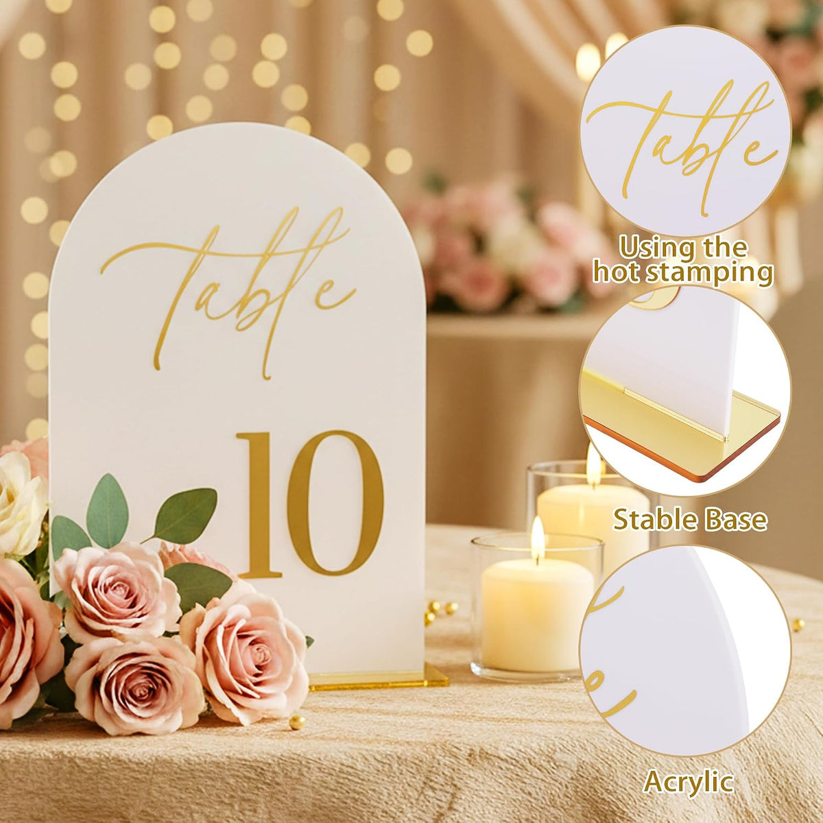 Wedding Table Numbers 1-15 with Holders,5x7 inch Arch Acrylic Table Numbers Signs with Gold Foil Embossed for Wedding