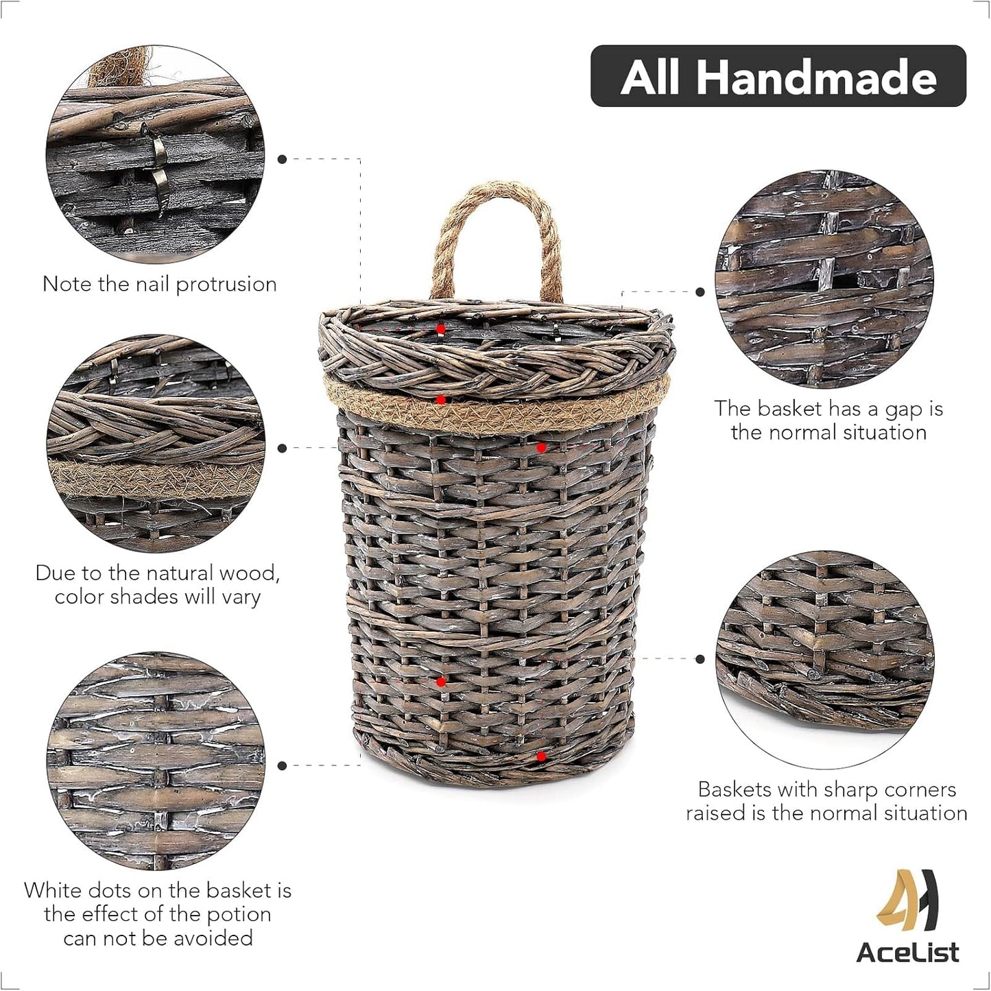Woven Wicker Wall Hanging Baskets / Grey / Set of 2