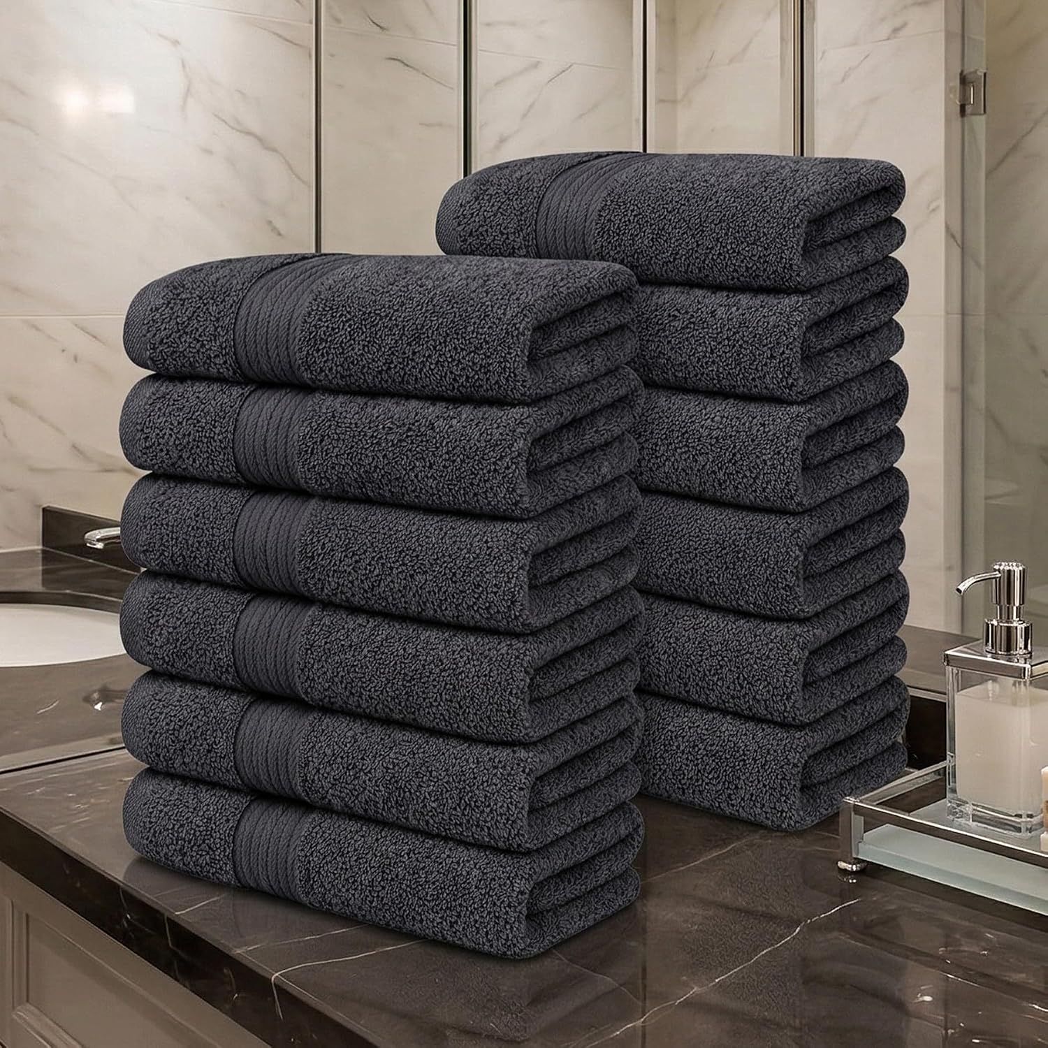 100% Cotton Hand Towels 18x28 Inches, 600 GSM, Soft & Absorbent, Set of 12, Gray