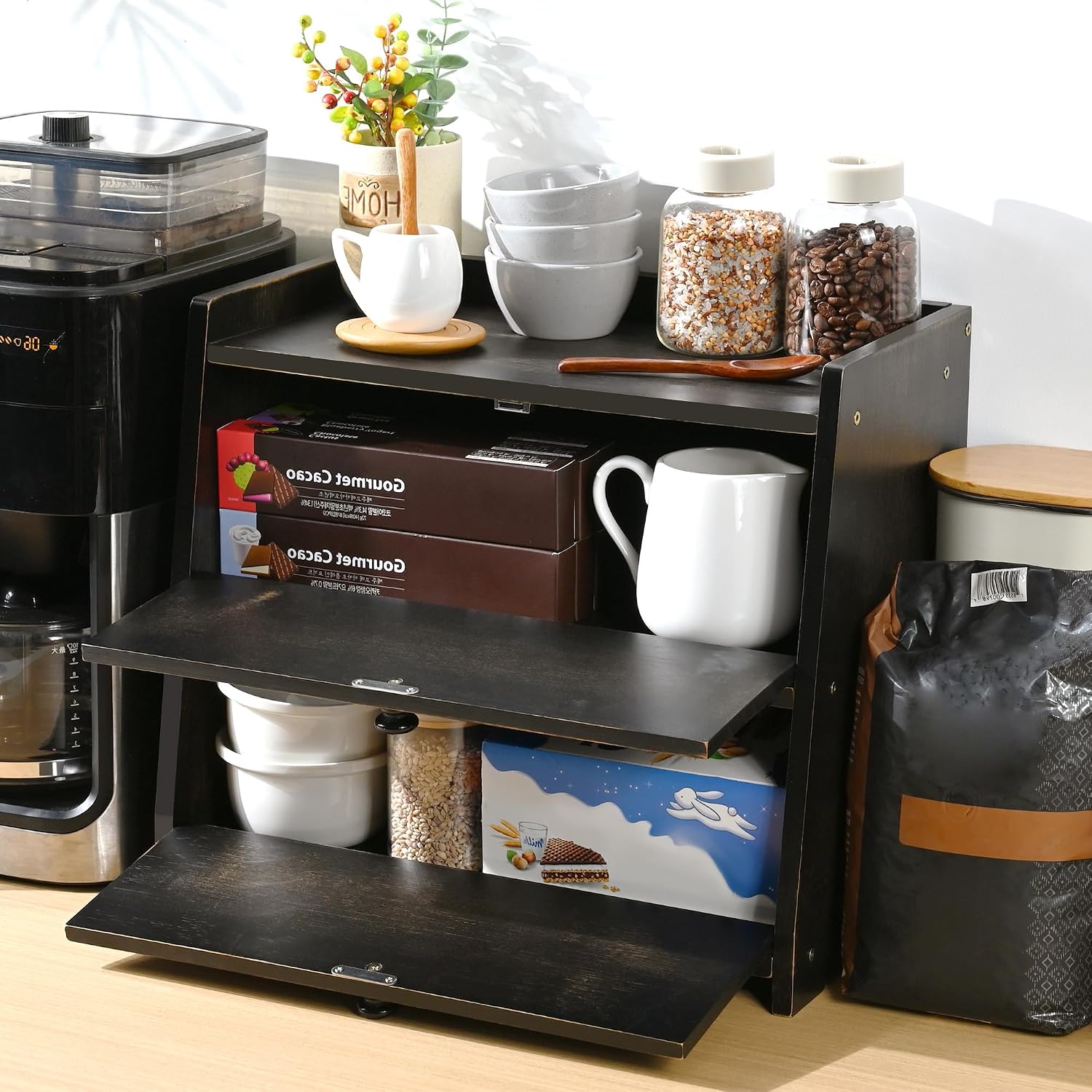 Bamboo Corner Bread Box for Kitchen Countertop 2-Tier Black | Farmhouse Bread Storage Container, Large Pantry