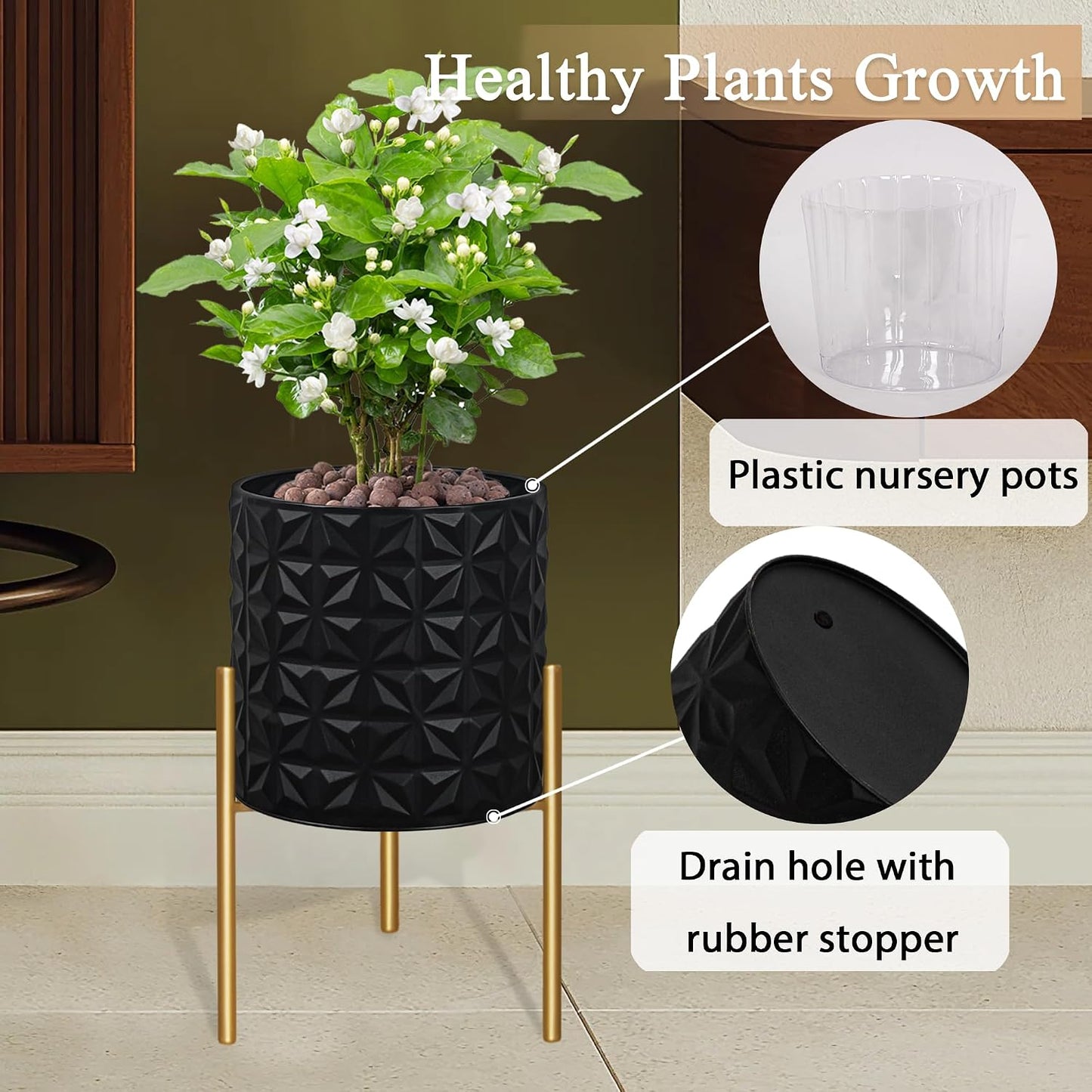 ARNIS Modern Planter Pots, Set of 2 Large Planters with Stand, Decorative Planters, Metal Pots with Drainage Holes for