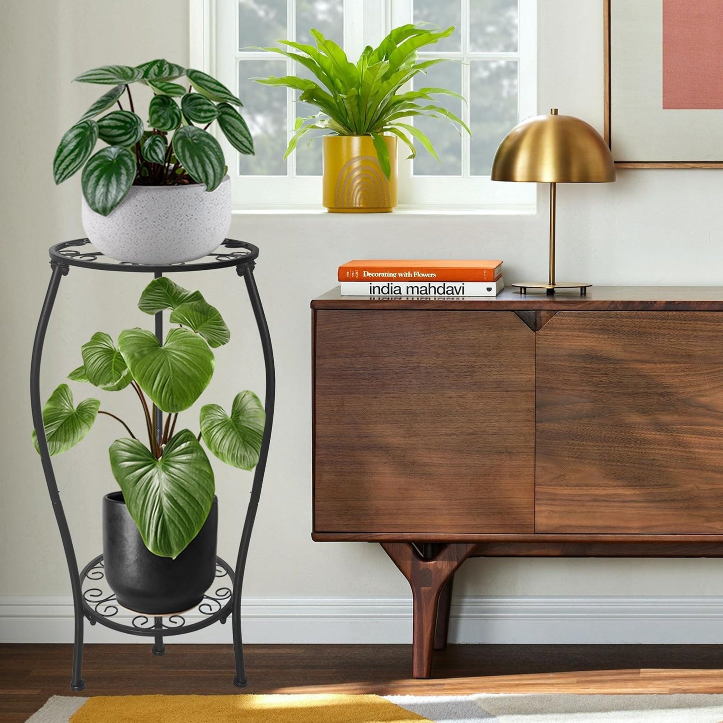 Metal Plant Stand 2 Tier Indoor Outdoor, Tall Flower Pot Shelf Rustproof Stable Corner Stand, 25.2 inch Multiple Plant