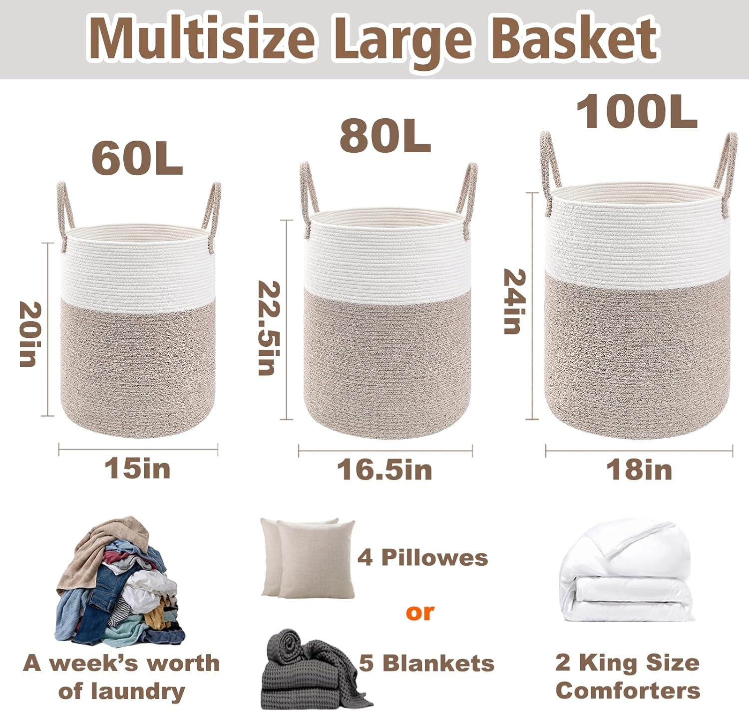 Large Woven Laundry Basket Hamper / Brown / 60L
