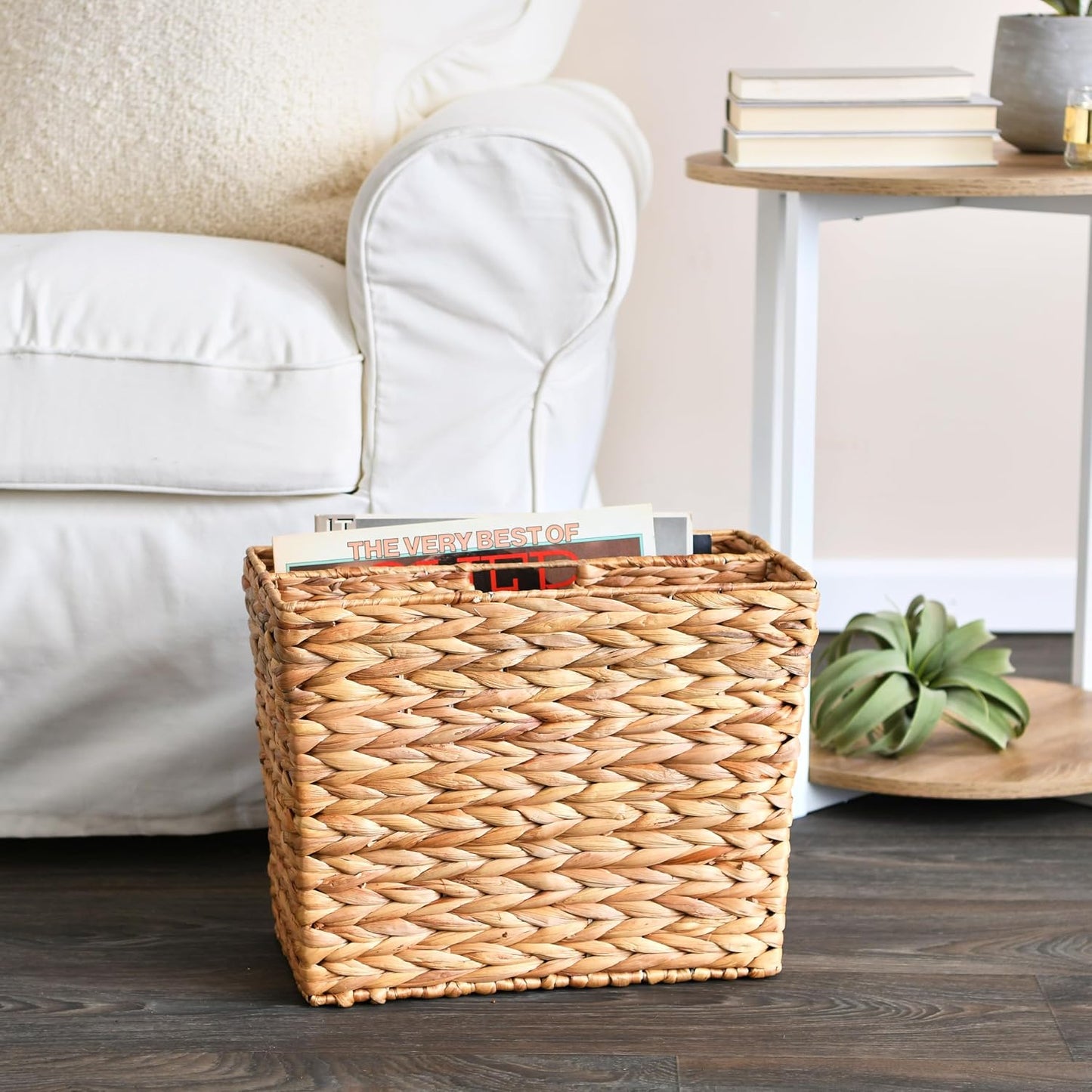 Household Essentials Side‑by‑Side Magazine Rack Decorative Storage Organizer with Handwoven Water Hyacinth and Metal