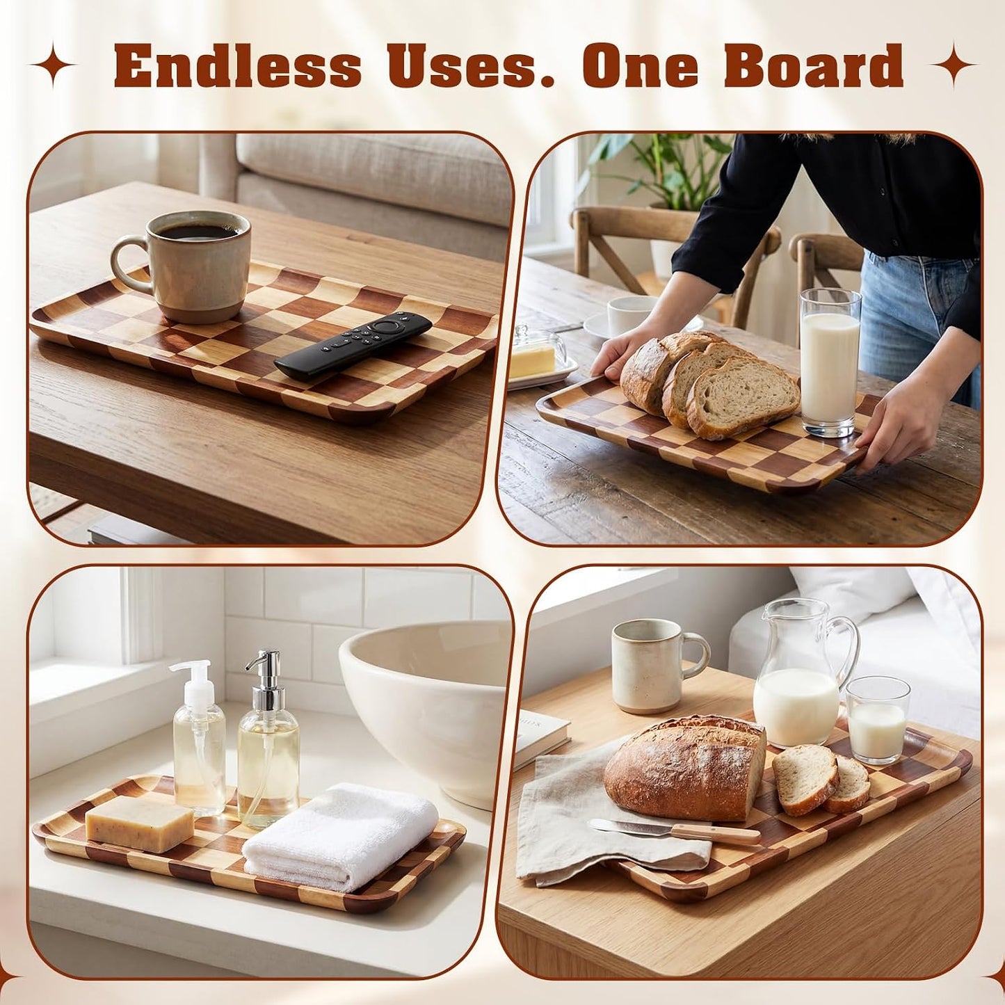 Medium Acacia Wood Checkered Serving Tray " Rectangular Decorative Wooden Tray / 11.8 x 7.9 x 0.7