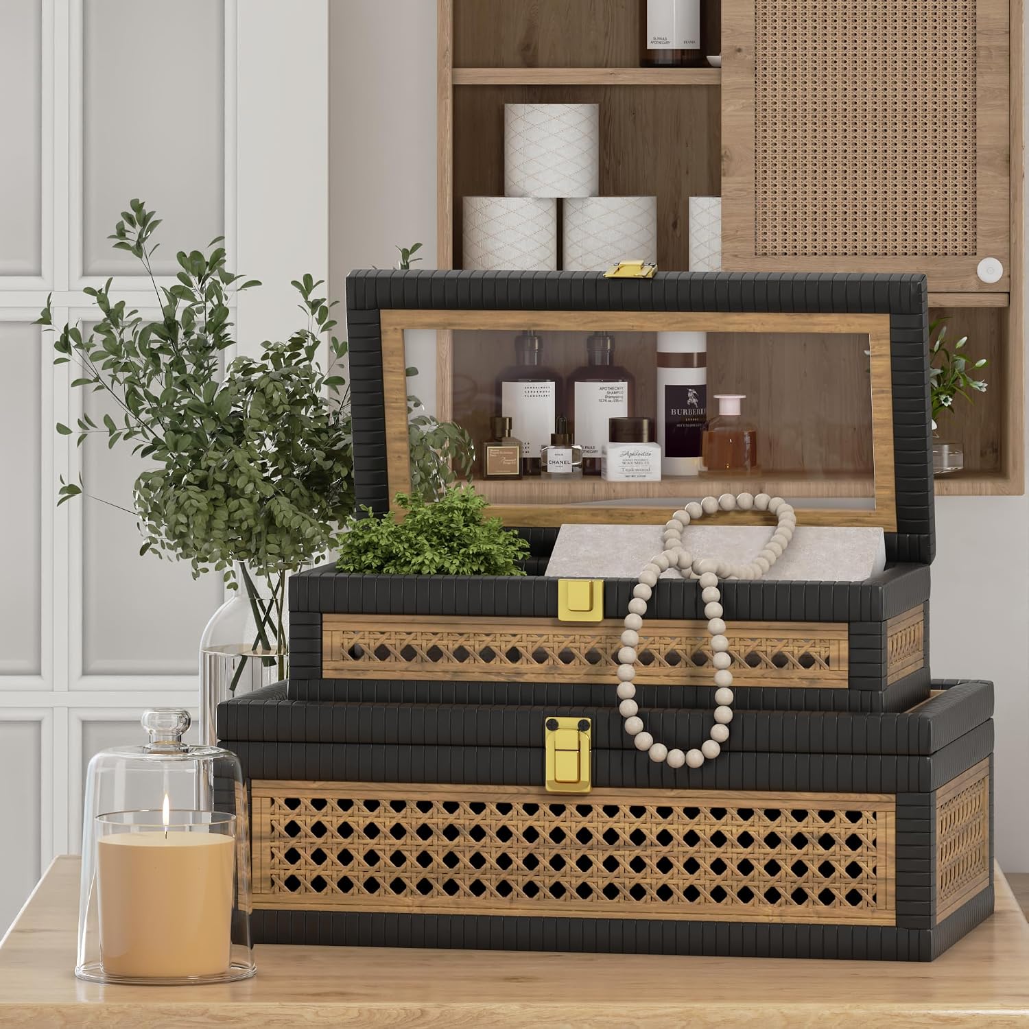 Boho Display Boxes / Khaki Stitching Black / Set of 2