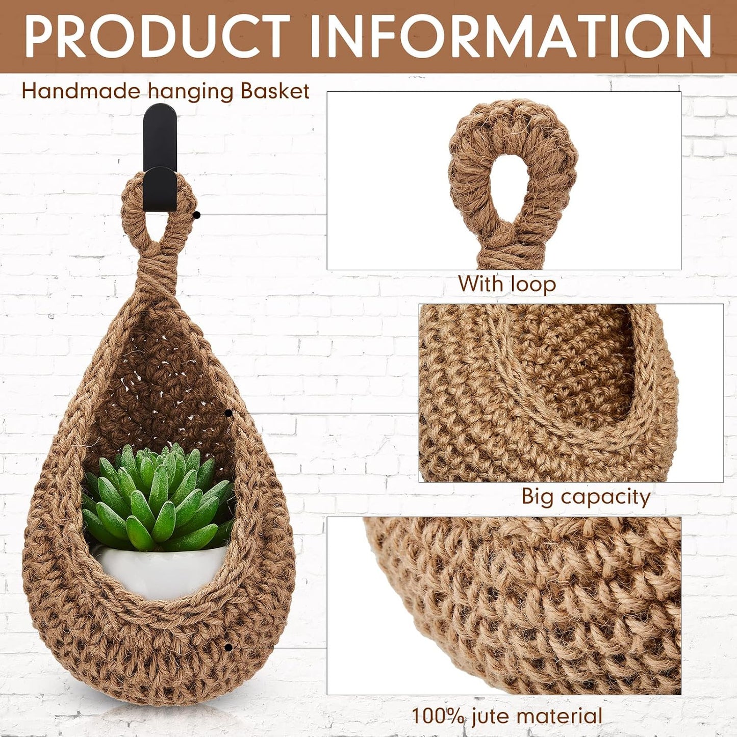 Boho Decor Hanging Wall Baskets / Linen / Jute / Teardrop / Set of 3