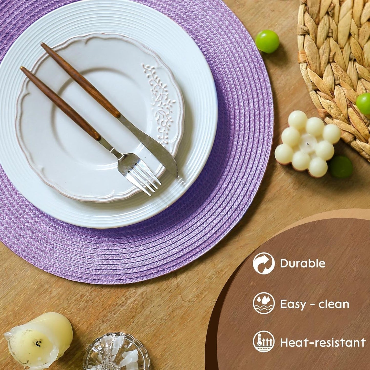 FunWheat Round Braided Placemats Set of 8 Table Mats for Dining Tables Woven Washable Non-Slip Place mats 15