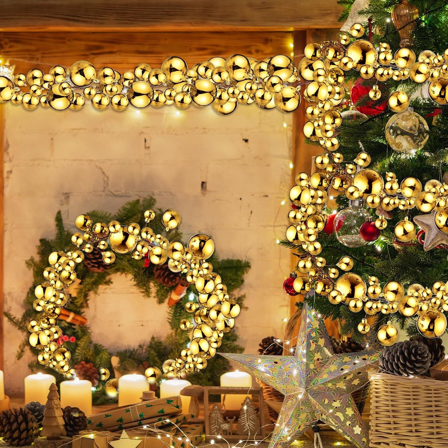 2 Pcs 6 ft Christmas Ball Ornament Garland, Gold | Bauble Bulb Christmas Tree Ball Decoration Shatterproof Ornaments