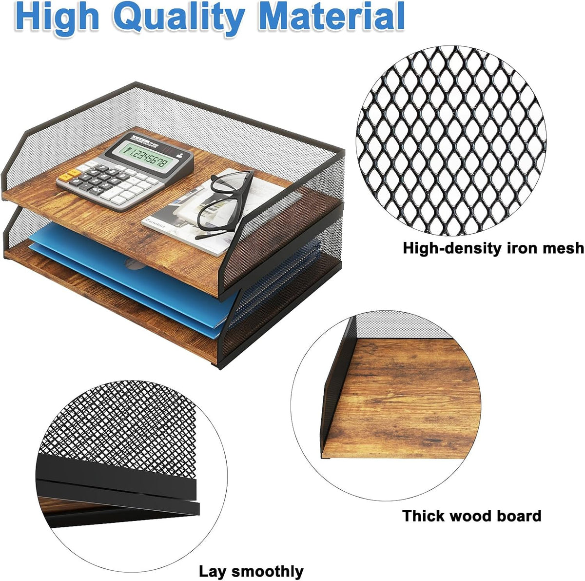 Natwind 2-Tier Stackable Metal Mesh Paper Tray Organizer,Retro | Wooden Desk Organizer, Letter Tray For Desktop,File