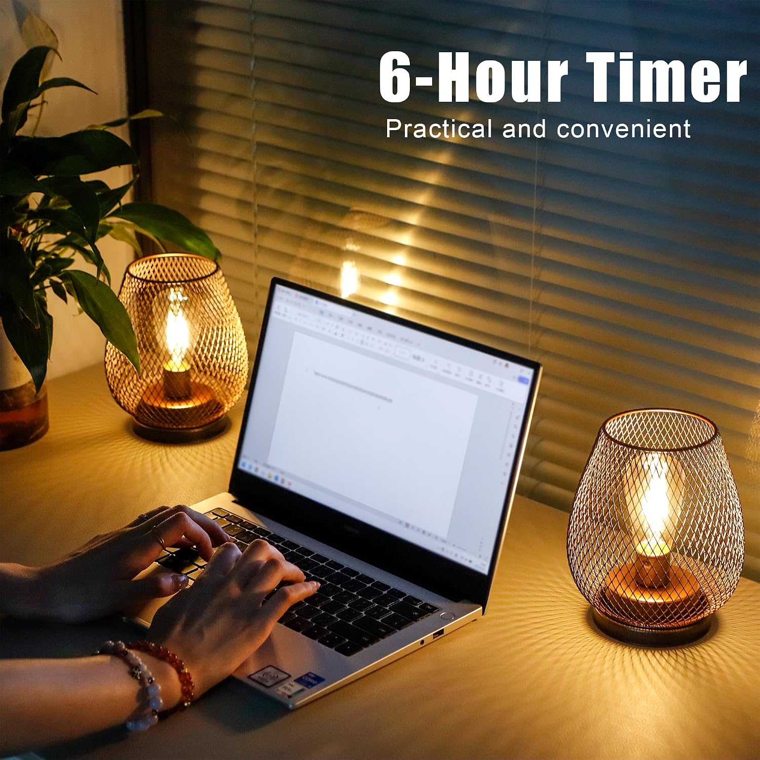 JHY DESIGN Set of 2 Metal Cage LED Lantern Battery Powered Cordless Accent Light with LED and 6-Hours Timer Great for