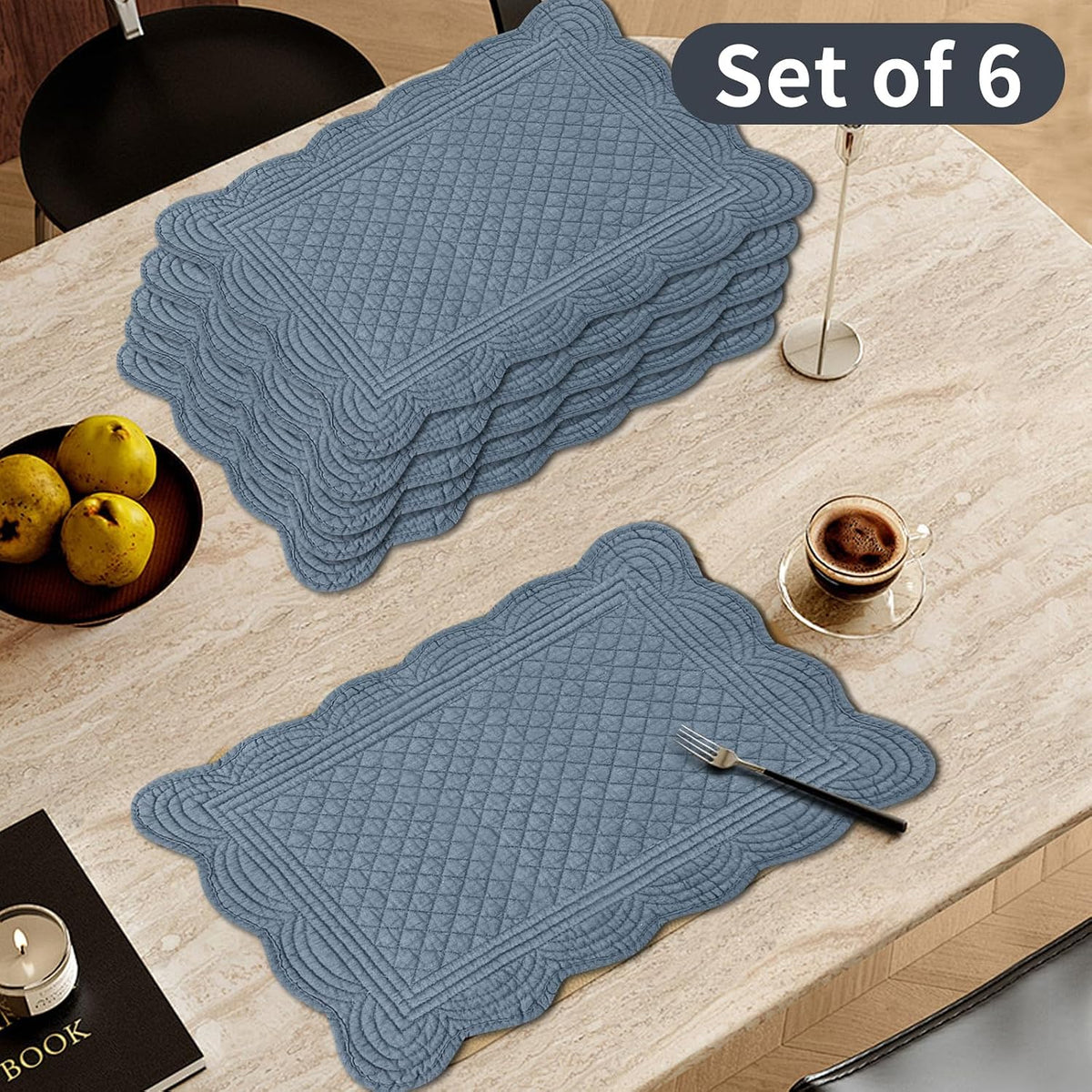 6 PC Quilted Placemats, 18"X13"Extra Large Cotton Placemats Set of 6, 100% Cotton Fabric Washable Cloth Table Mats for