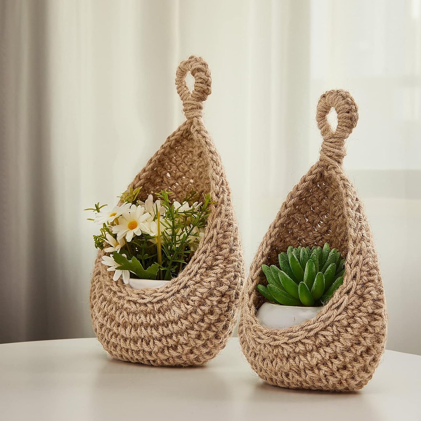 Boho Decor Hanging Wall Baskets / Light Linen / Cotton Rope / Teardrop / Set of 3
