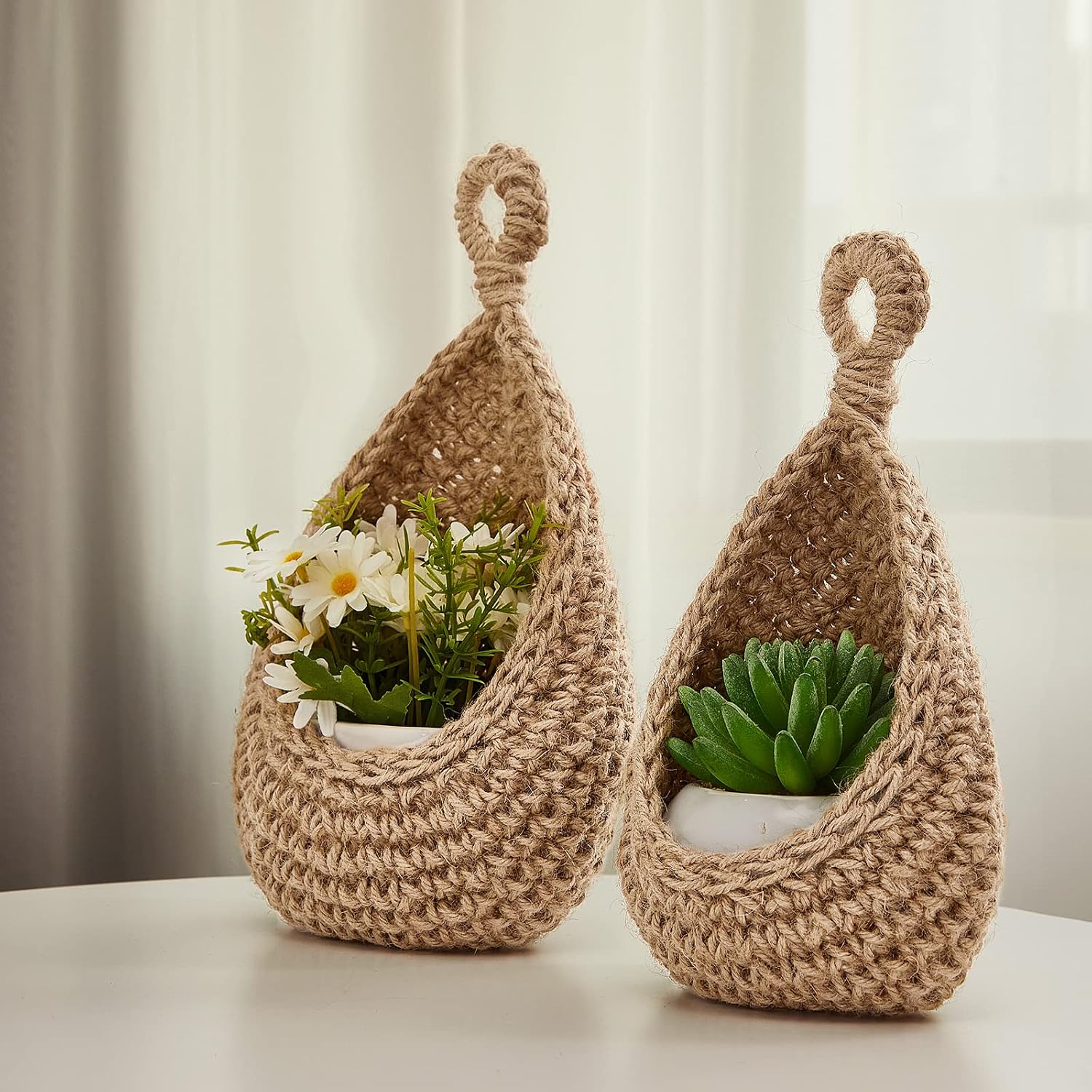 Boho Decor Hanging Wall Baskets / Light Linen / Cotton Rope / Teardrop / Set of 3