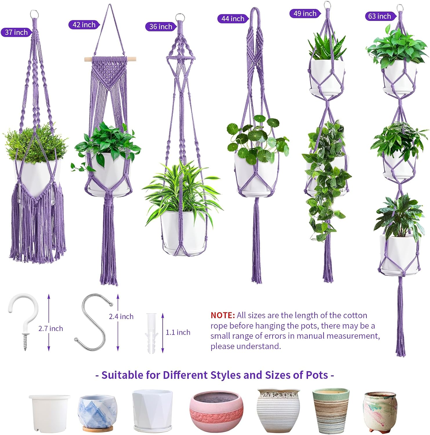 Macrame Plant Hangers / Purple / Set of 6