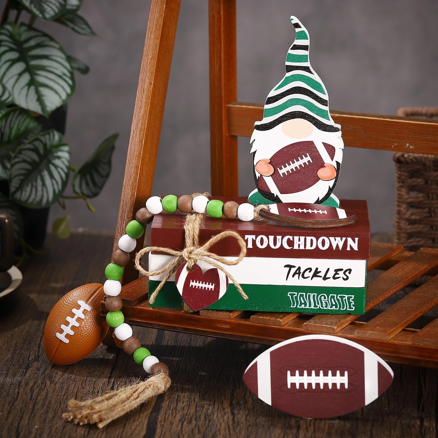 Football Wood Signs Decor Farmhouse Football Tiered Tray Wooden Decorations Book Stack / Set of 6